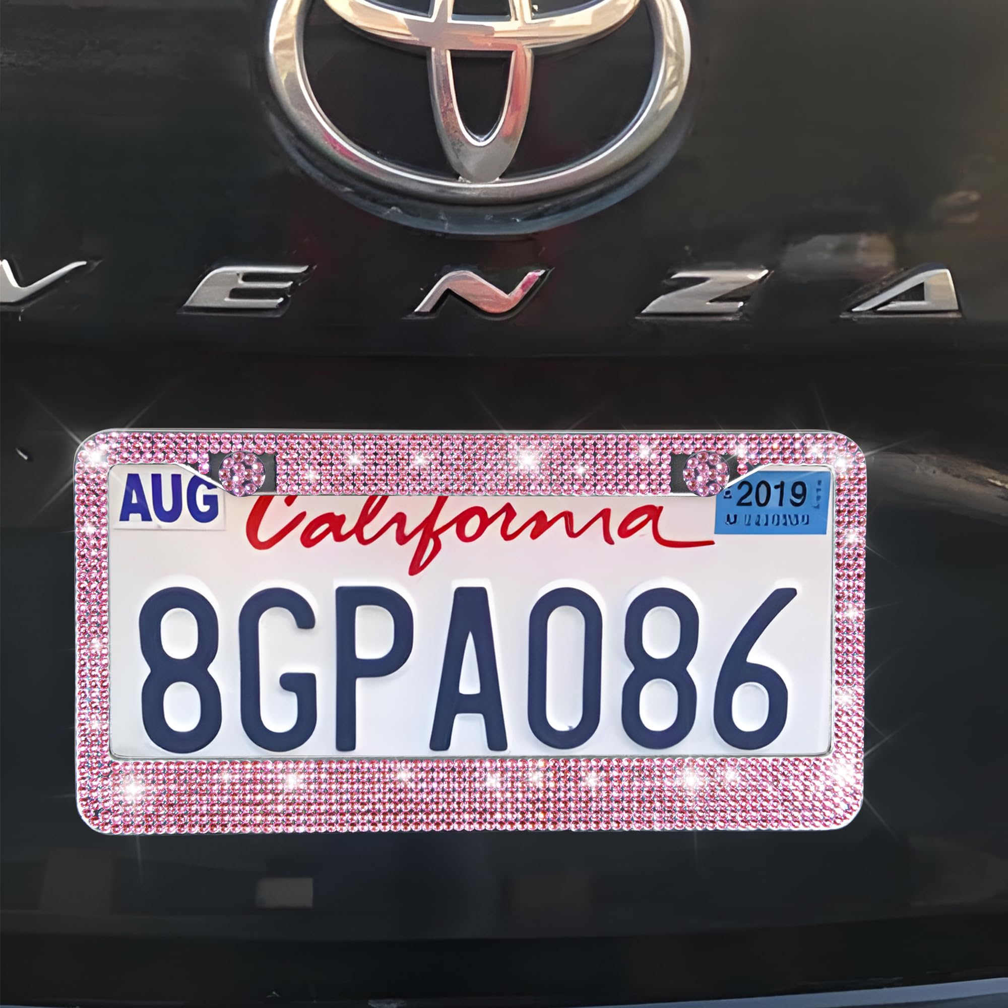 CAR PASS 30 PCS Bling Pink Car Set for Women, Bling Steering Wheel Covers Set 15 Inch, Shining Rhinestone License Plate Frame, S