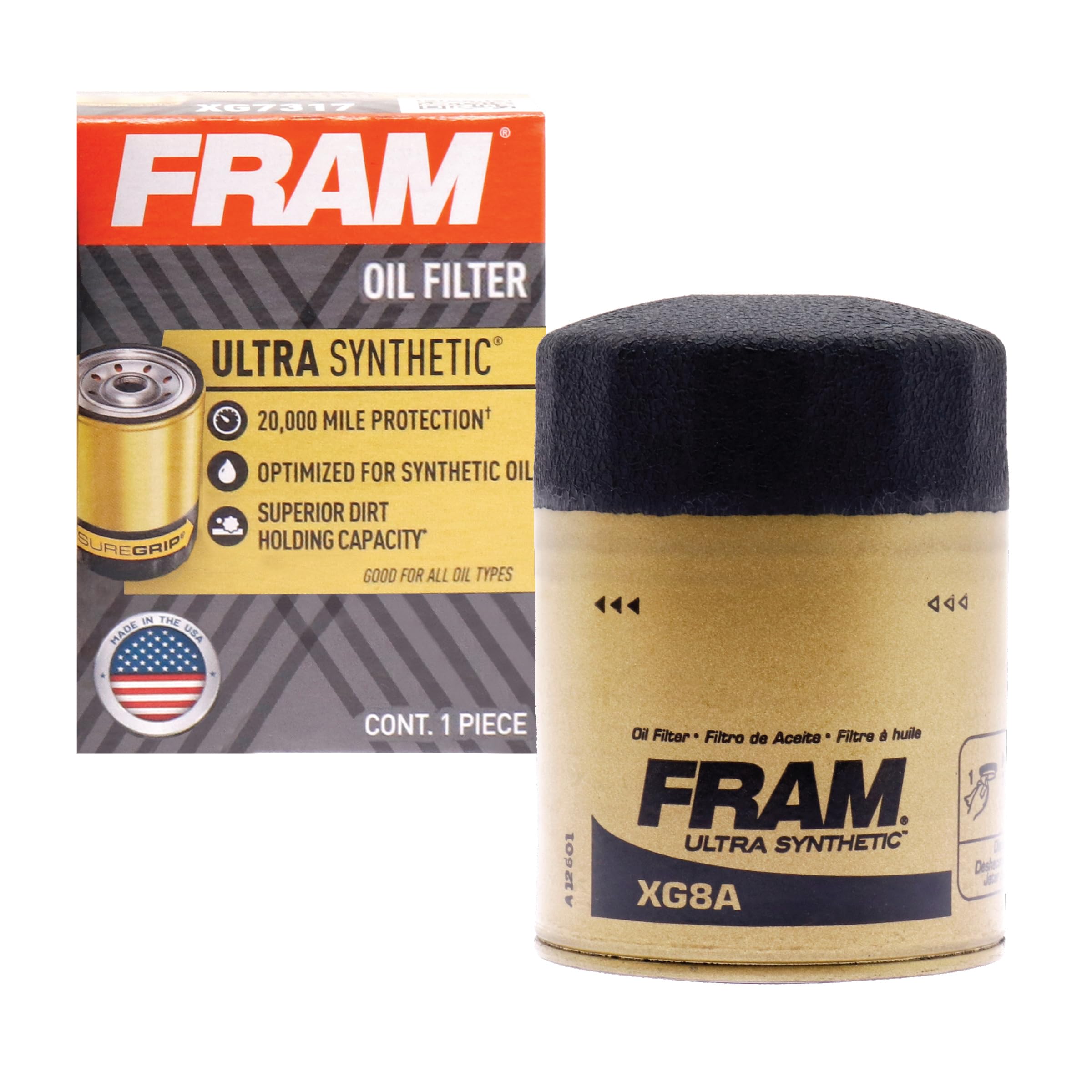 Fram Ultra Synthetic Automotive Replacement Oil Filter, Designed For Synthetic Oil Changes Lasting Up To 20K Miles, Xg8A With Su