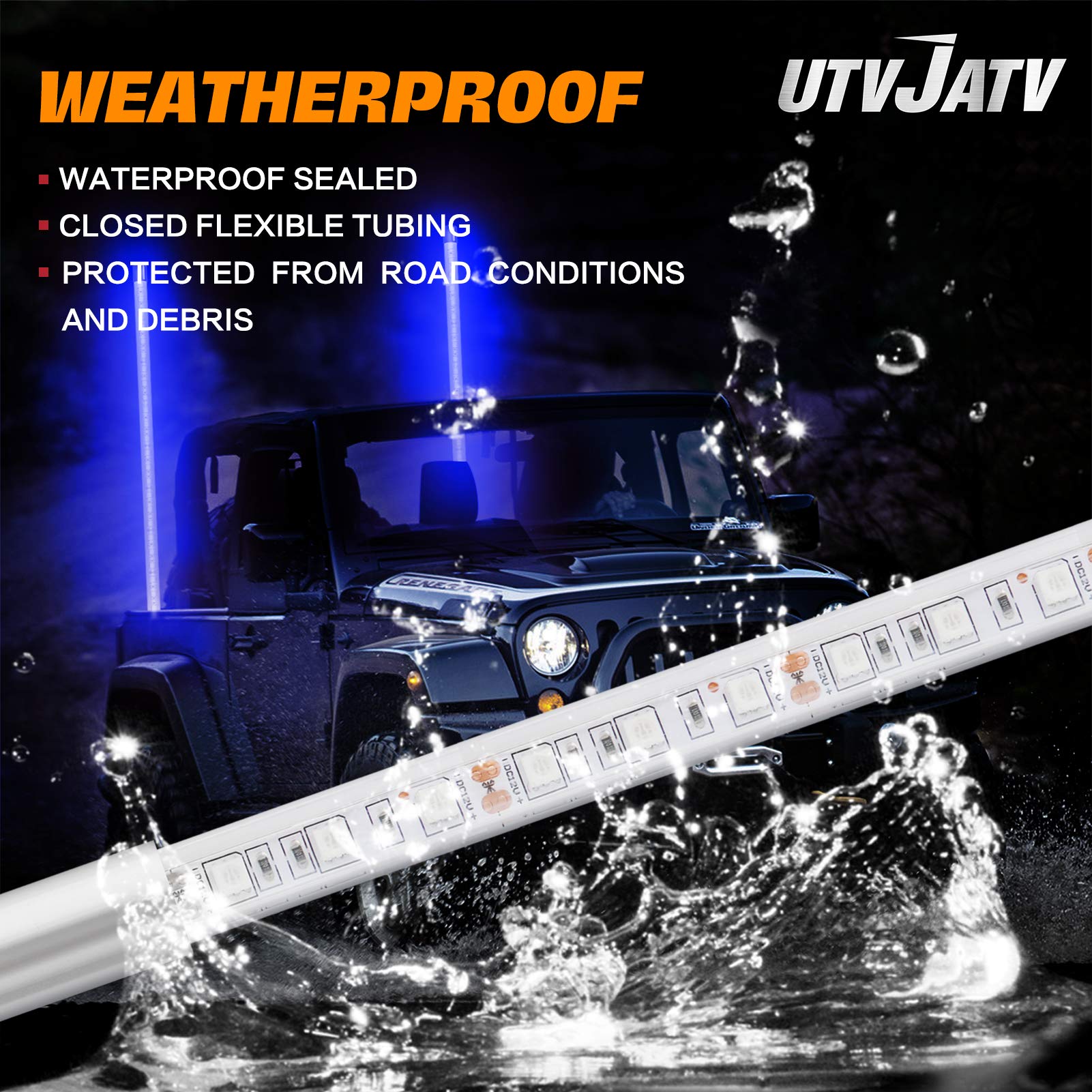 UTVJATV 3ft LED Whip Antenna - Waterproof Flag Pole with Blue Light for Can Am Maverick X3, Polaris RZR, UTV, ATV - 1PC