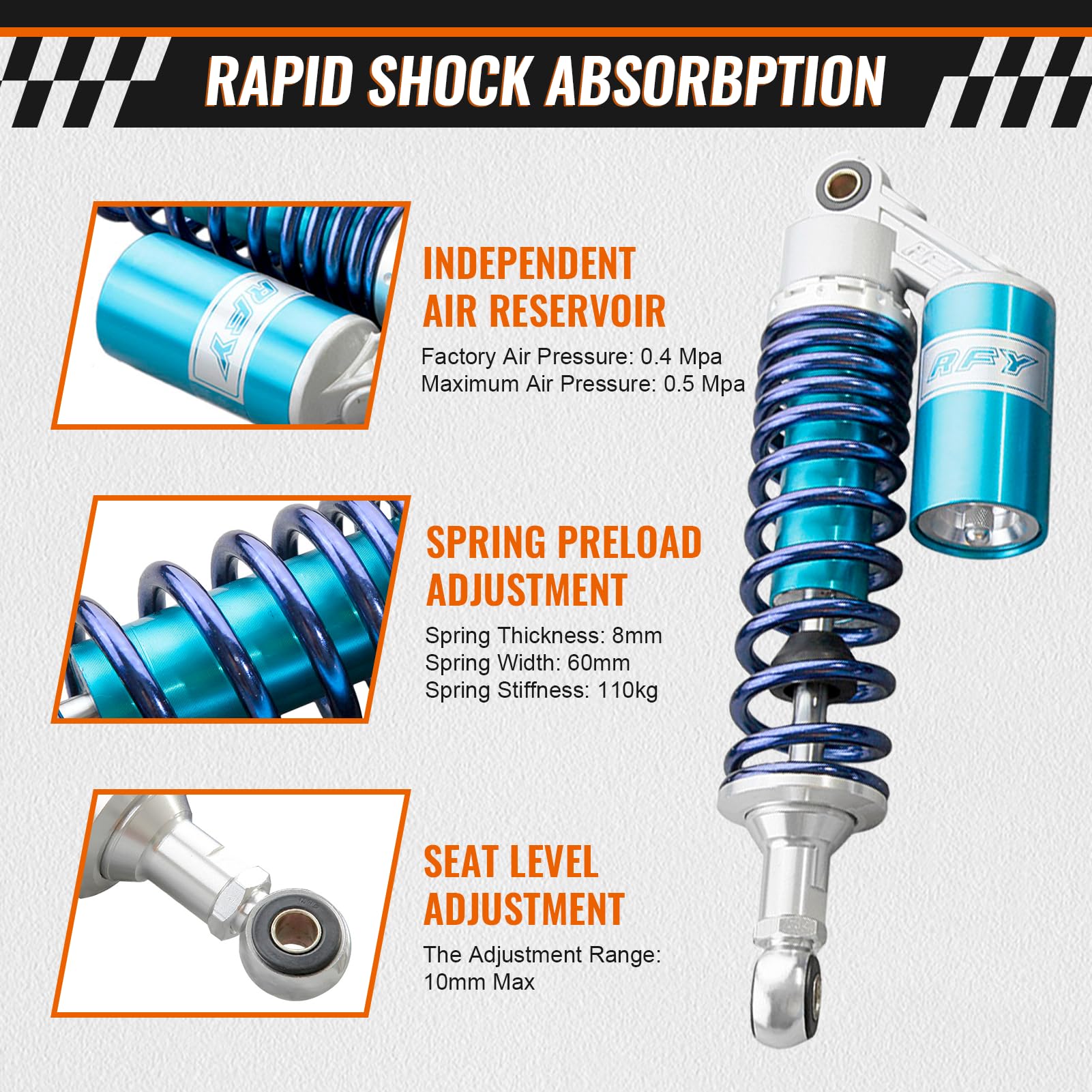 Newsmarts 2pcs Adjustable 12.5'' 320mm Motorcycle Air Shock Absorbers Universal Fit for HONDA for Suzuki for Yamaha for Kawasaki