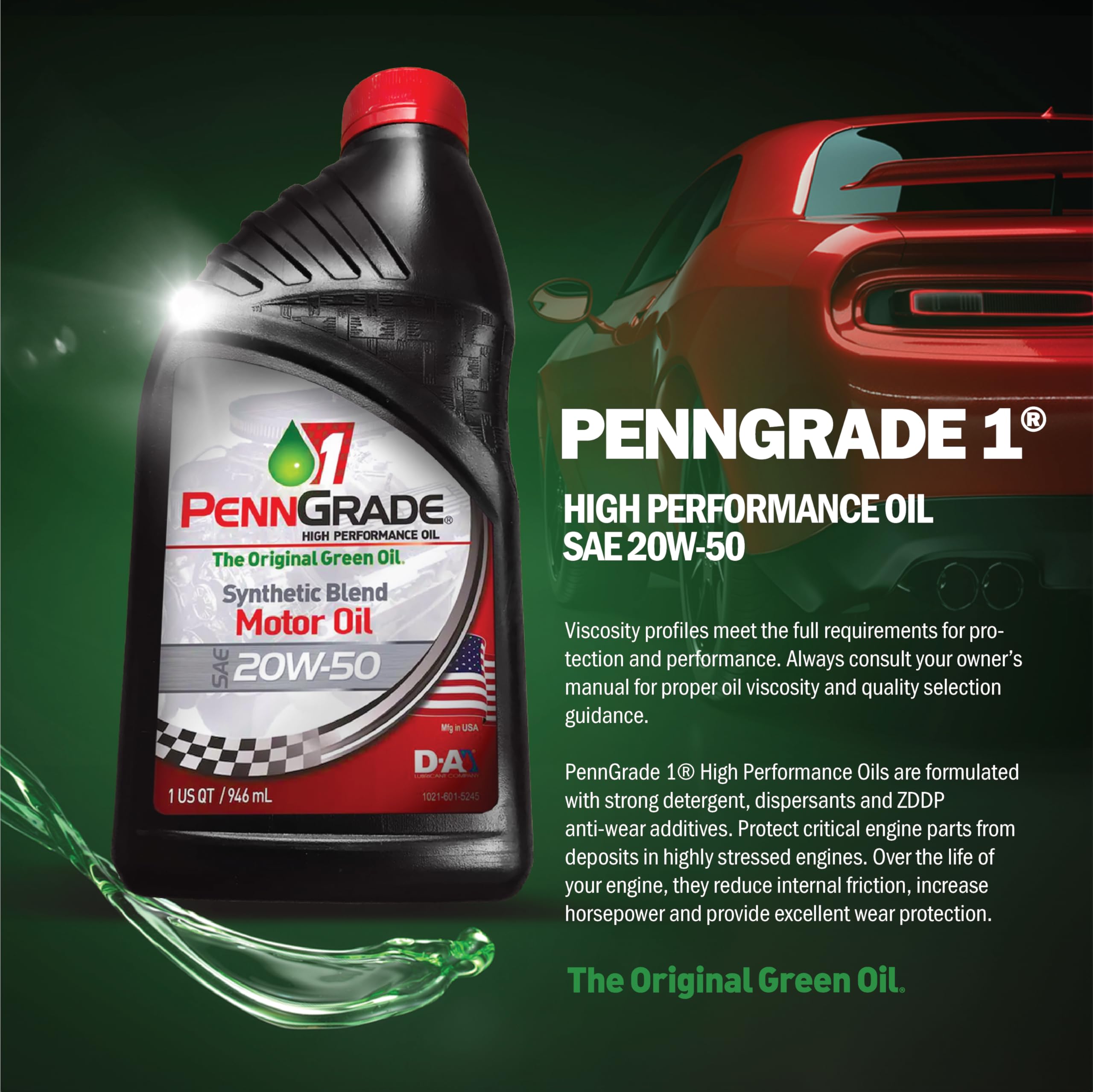 Penn Grade 1, 71196, Synthetic Blend High Performance Oil Sae 20W-50, 1 Quart (12 Pack)