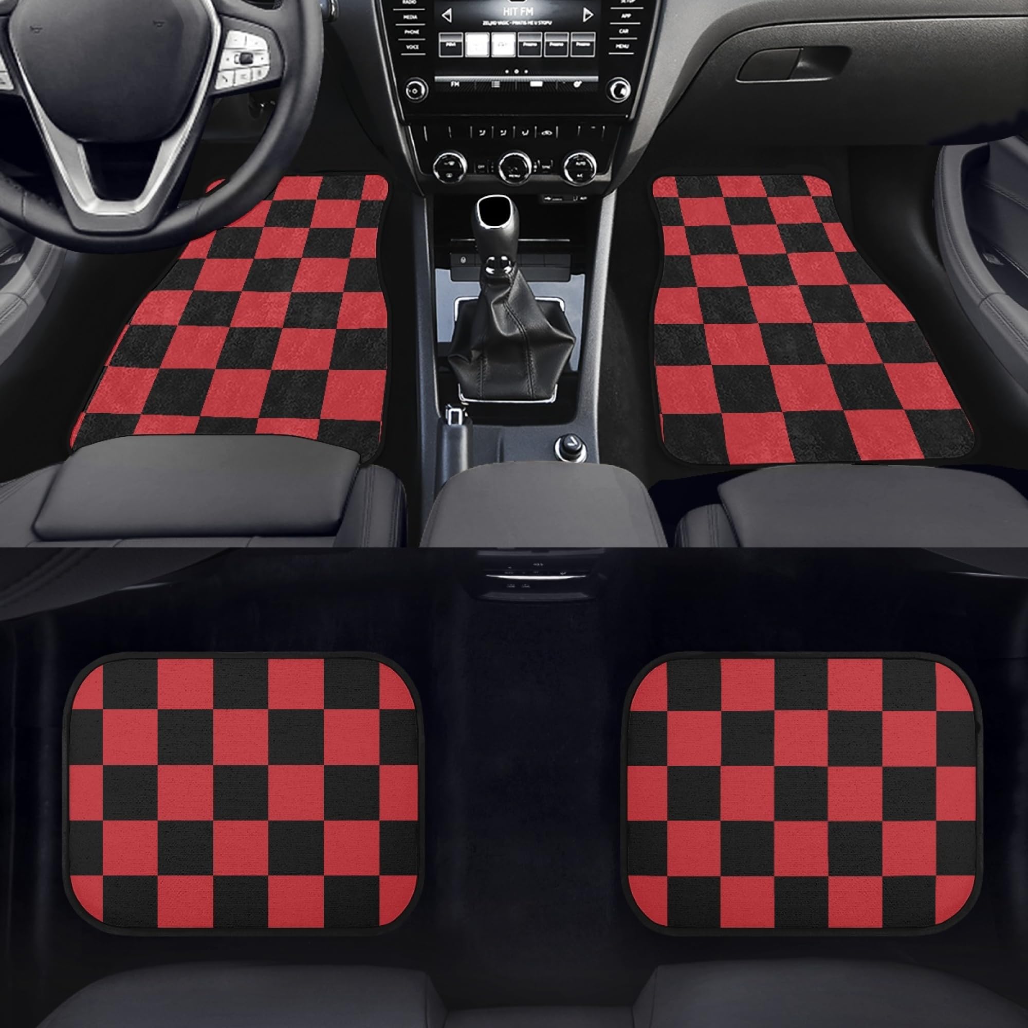 Checkered Car Floor Mats Set of 4,Geometric Checkered Plaid Pattern Black and Red Vehicle Front Rear Carpets Mats Universal Car