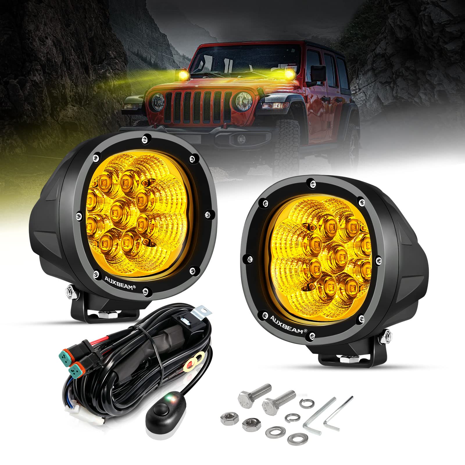 Auxbeam 4 Inch Amber Round Led Driving Light, 2Pcs 90W 9000Lm Yellow Fog Pods Light Bar Off-Road Flood Work Energy-Efficient Lig