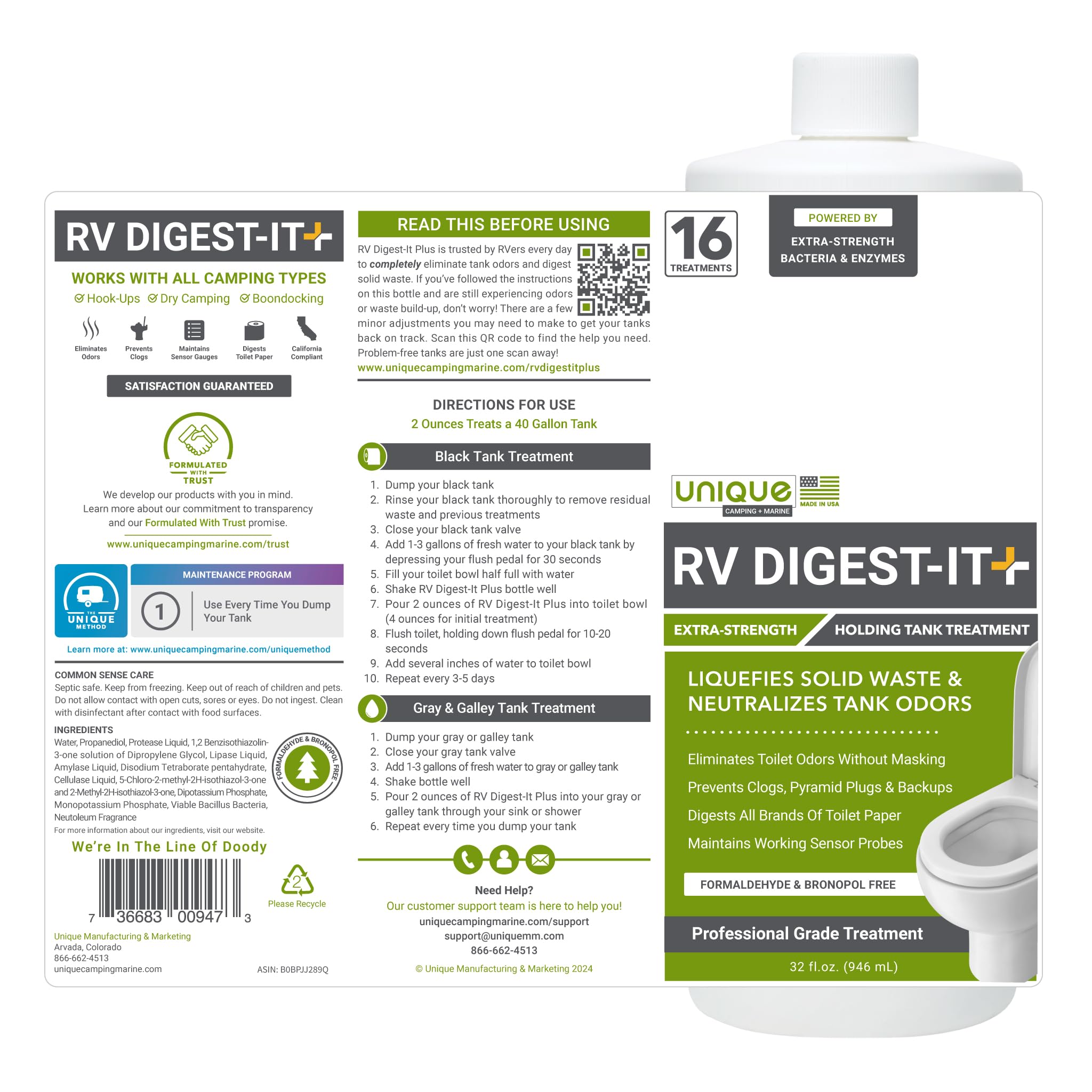 Unique Rv Digest-It+, Extra-Strength Rv Toilet Treatment - Liquifies Waste And All Brands Of Toilet Paper - Odor Eliminator 32 O