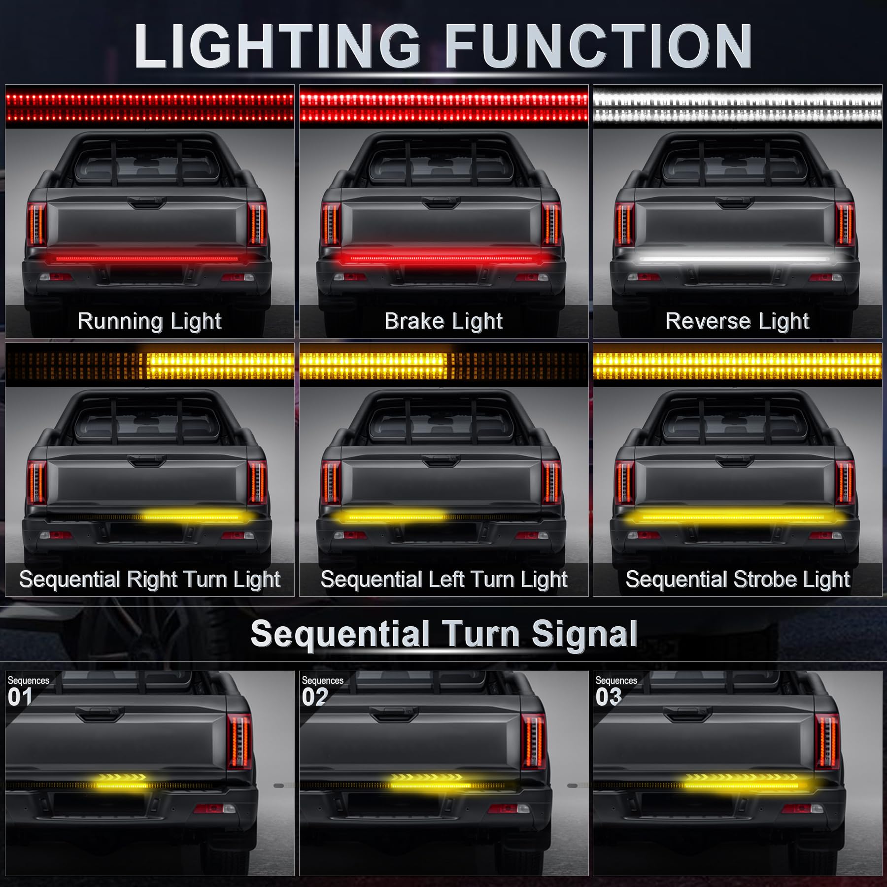 Livtee Truck Tailgate Light Bar, 60'' Triple Row Led Brake Light Strip With Red Brake/White Reverse/Sequential Amber Turning Sig