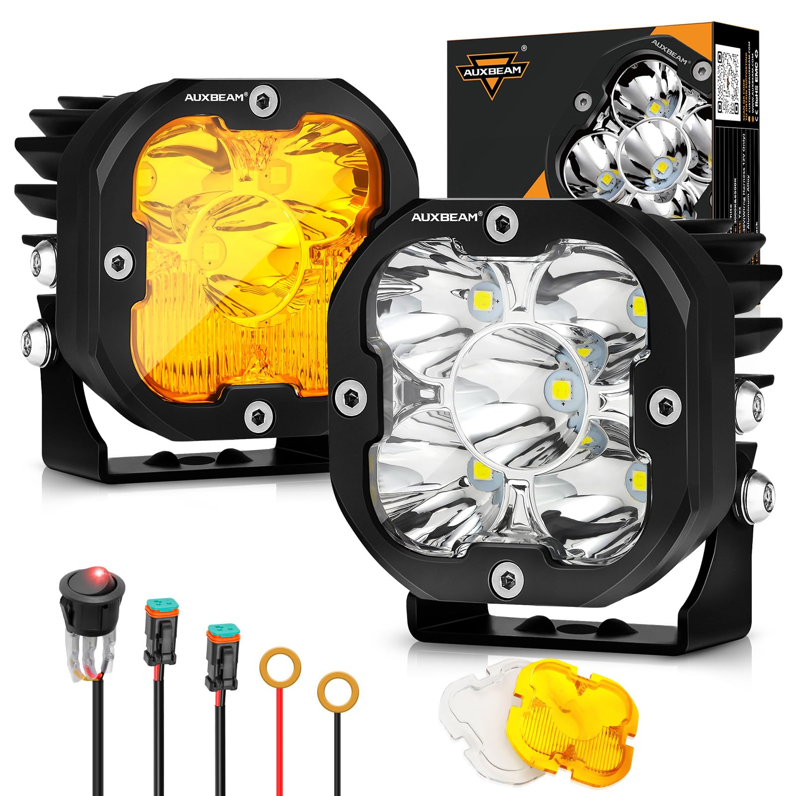 Auxbeam 3'' 80W Cube Led Pods With Amber Covers, Xp-Ultra Series Spot Flood Combo Beam Ditch Lights, 9600Lm Yellow Offroad Fog L