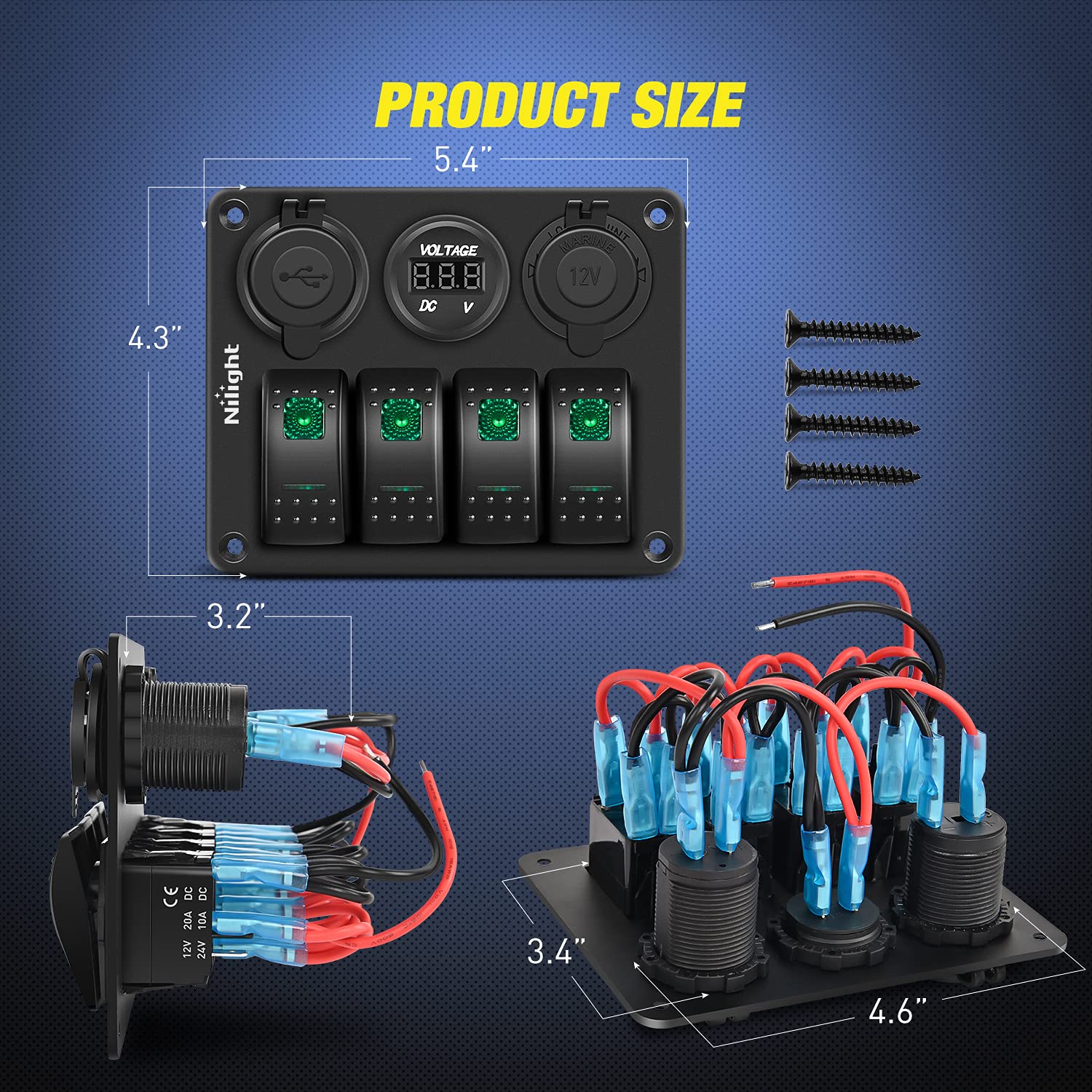 Nilight 4Gang Rocker Switch Panel with USB Charger Voltmeter and Cigar Lighter 12V 24V Toggle ON Off Green Night Glow Stickers f