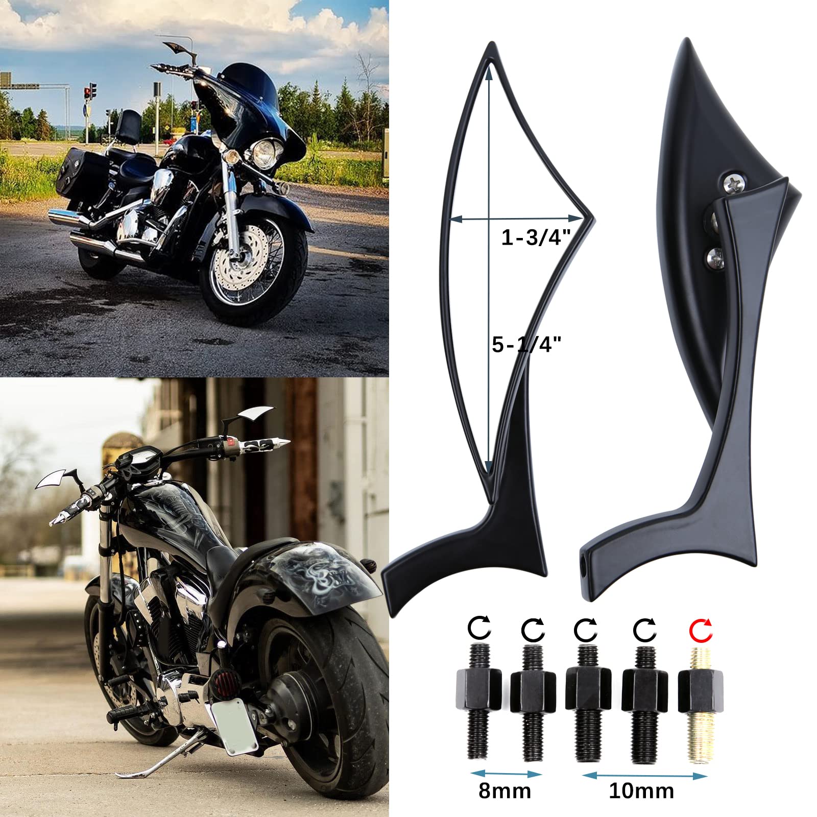 Black 8Mm/10Mm Motorcycle Spear Blade Rear View Side Mirrors For Cruiser Chopper Sportster Dyna Softail Street Bike Scooter Dirt Bike