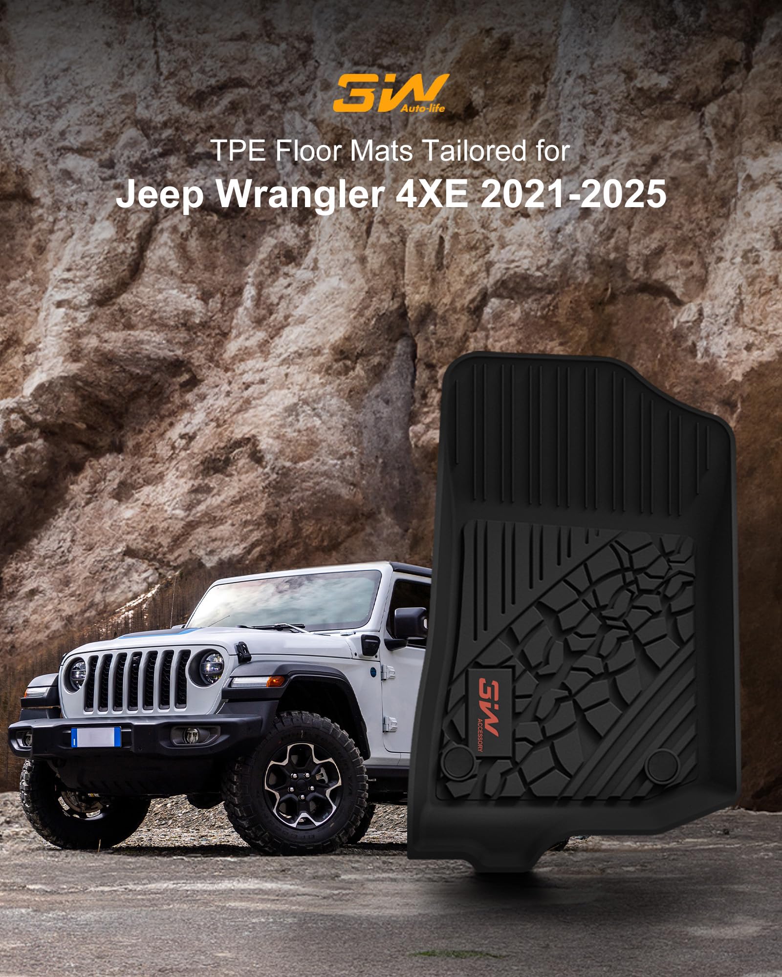 3W Floor Mats Fit for Jeep Wrangler 4XE 2021-2024 2025 Hybrid 4 Door (Non JL or JK), Black All-Weather TPE Floor Liner for 1st a