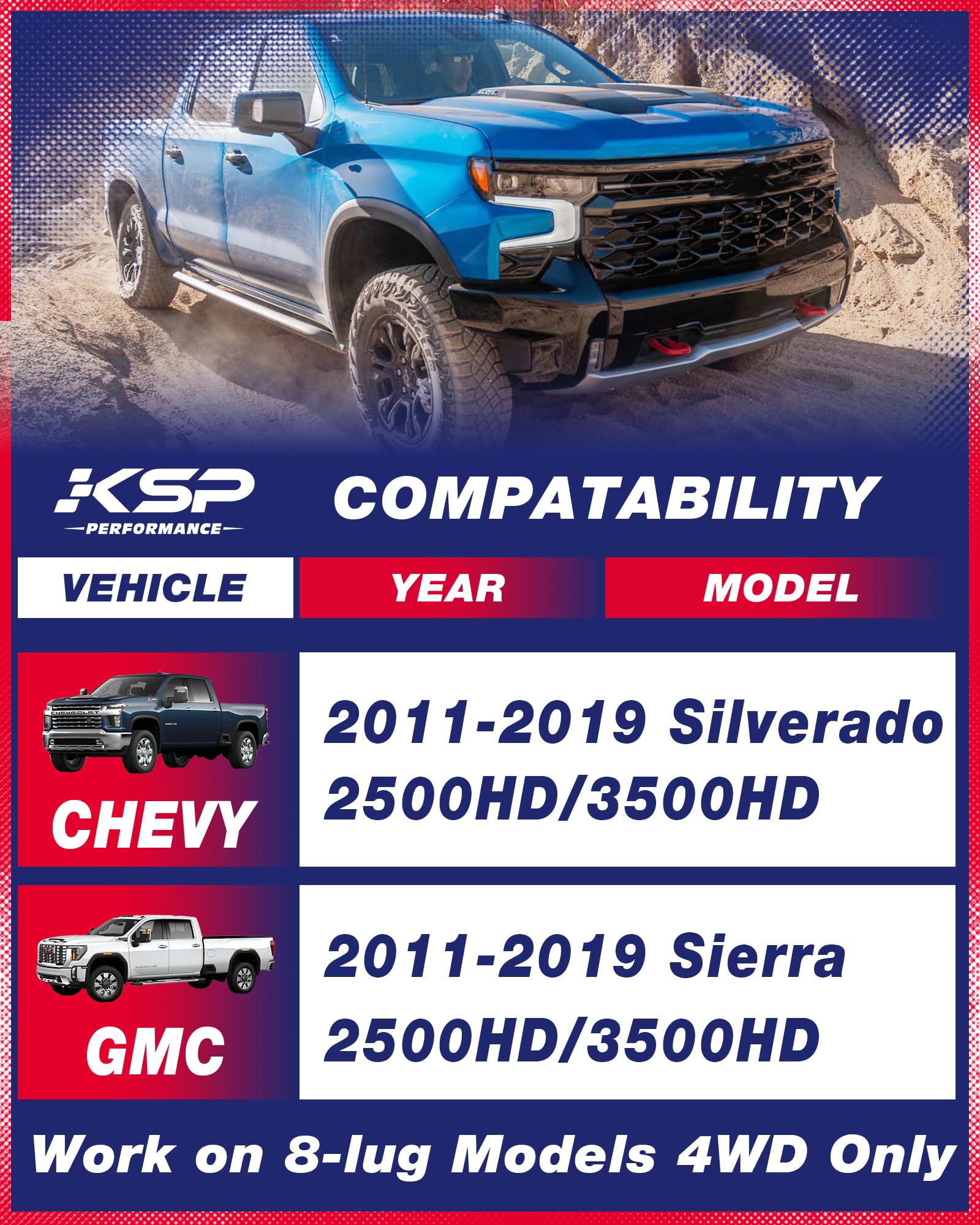Ksp Front Shock Extenders For 8 Lug Heavy Duty Trucks, 1''-3'' Shock Extension Kit For 2011-2023 Chevy Silverado 2500Hd 3500Hd 2