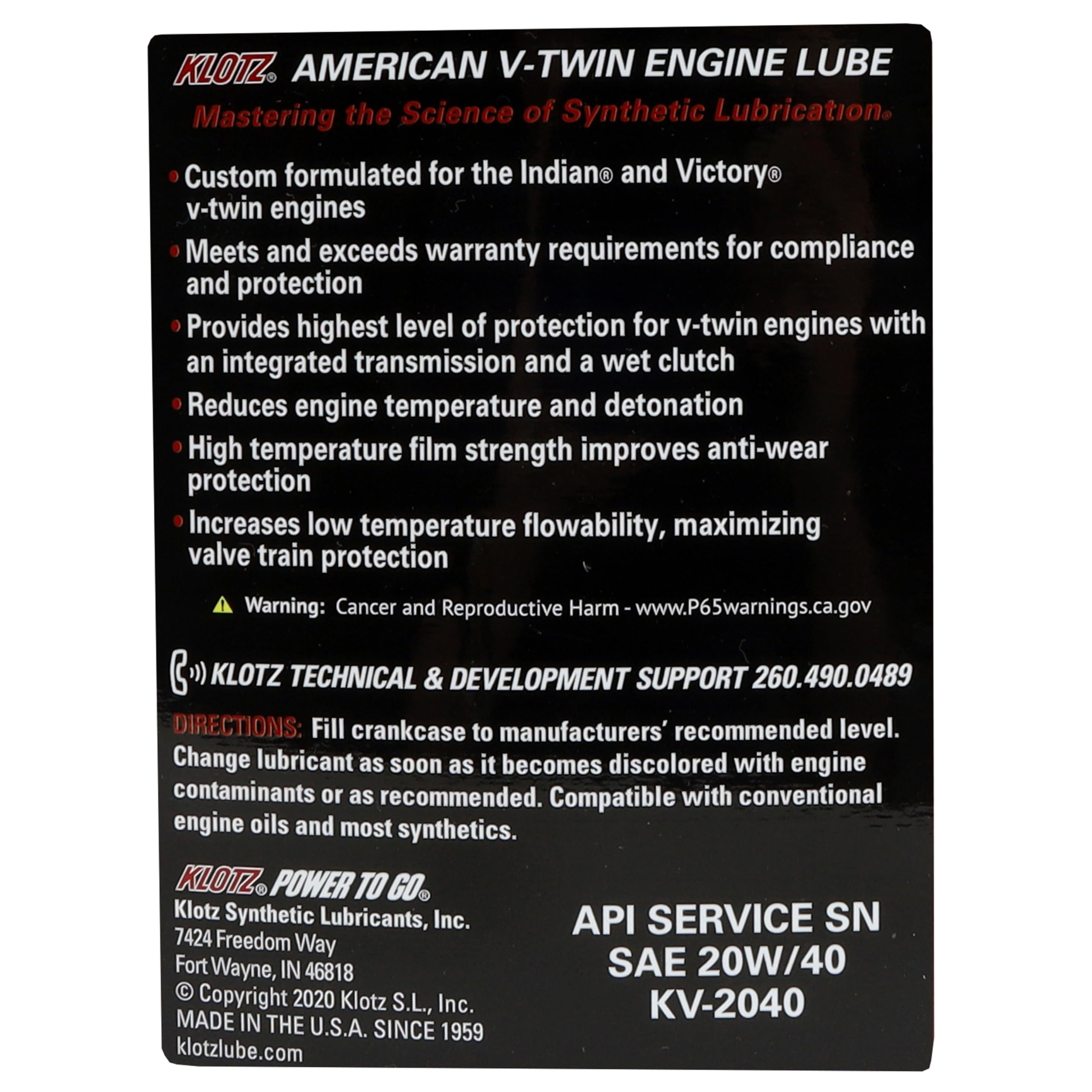 Klotz 20W-40 Synthetic Oil Change Kit for Indian Thunderstroke V-Twin Motorcycle (6 Quarts), 1 Filter, 2 Washers - KH-123