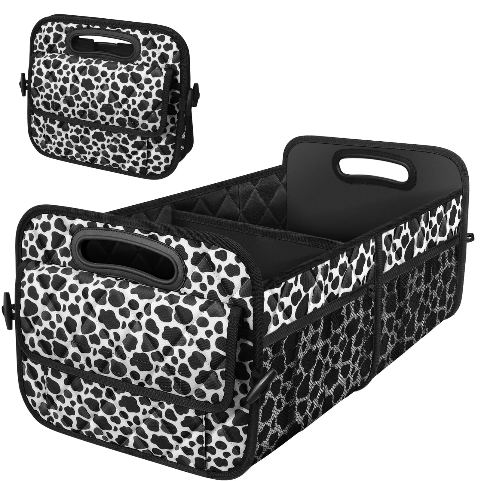 Deosk Car Organizer For Suv - 6 Big Pocket Trunk Storage With Waterproof Polyester, Car Accessories For Women/Men, Cow Print (Me