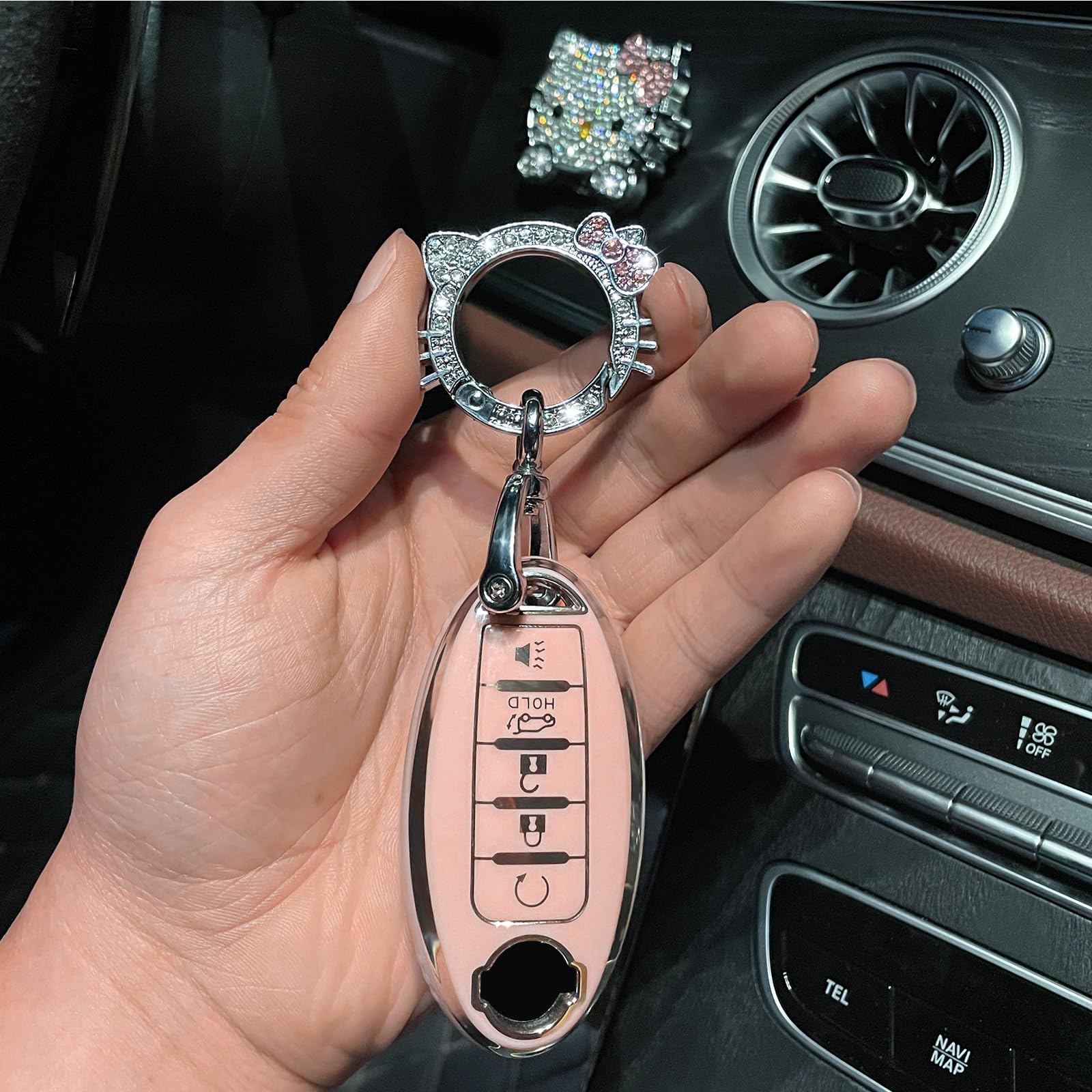 Pangpai Pink Car Accessories 3 Pcs for 5 Buttons Nissan Key Fob Cover with Bling Keychain Cute Push to Start Button Cover