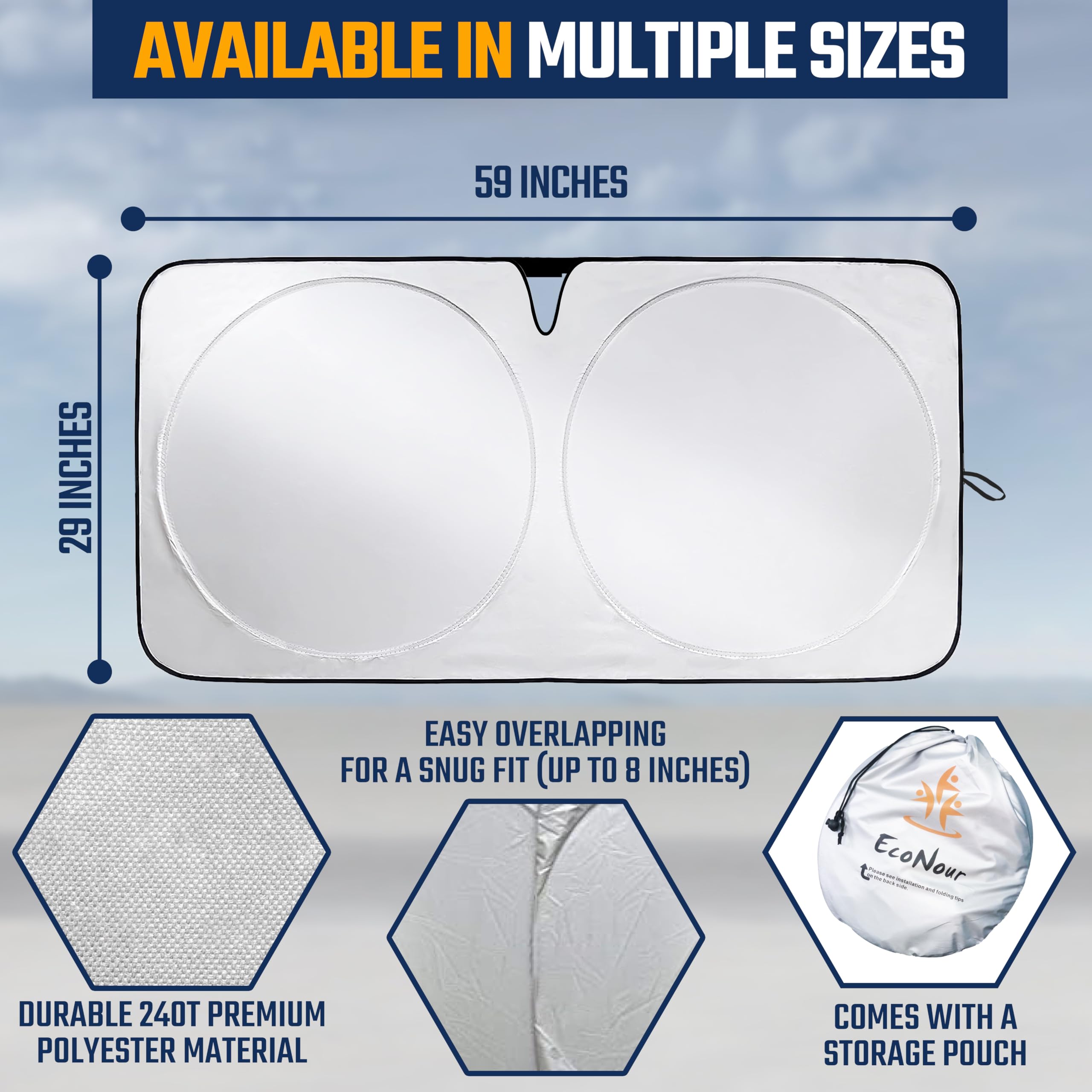 Econour Car Windshield Sun Shade With V-Cut  Durable 240T Material Car Sun Visor For Uv Rays And Sun Heat Protection  Car Interi