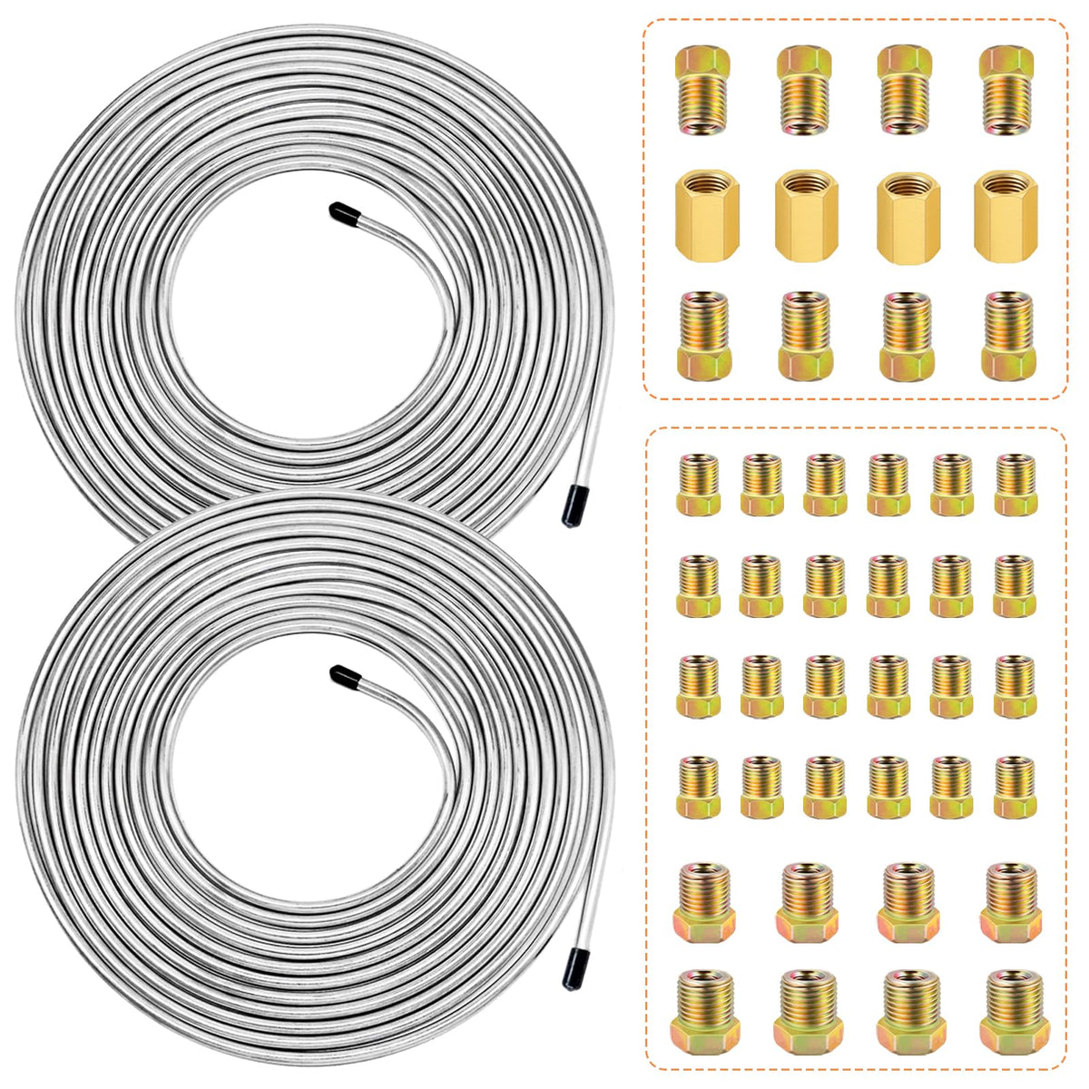 smseace 2Sets 25Ft. 1/4 '' Brake Line Tubing Kit with Brake Line Fittings(Includes 32pcs Fittings and 4pcs Unions+8pcs Nuts) Zin