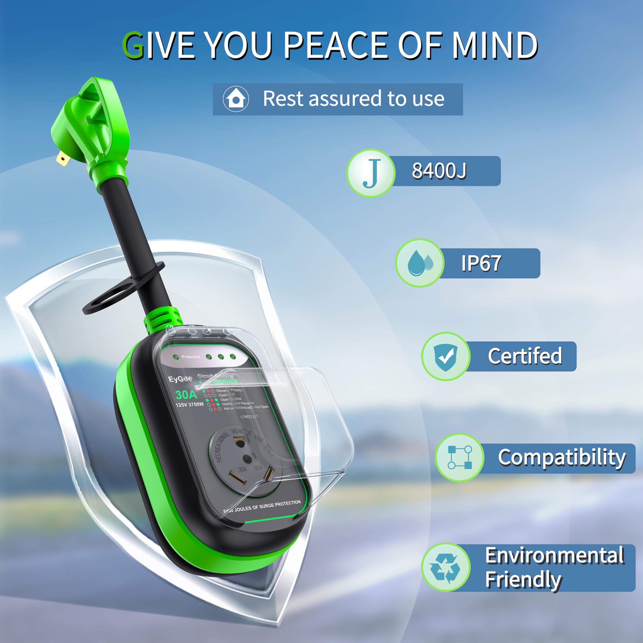 Eygde Rv Surge Protector 30 Amp Waterproof Upgraded 8400 Joules Surge Protector For 30Amp Plug, Voltage Protection With Circuit