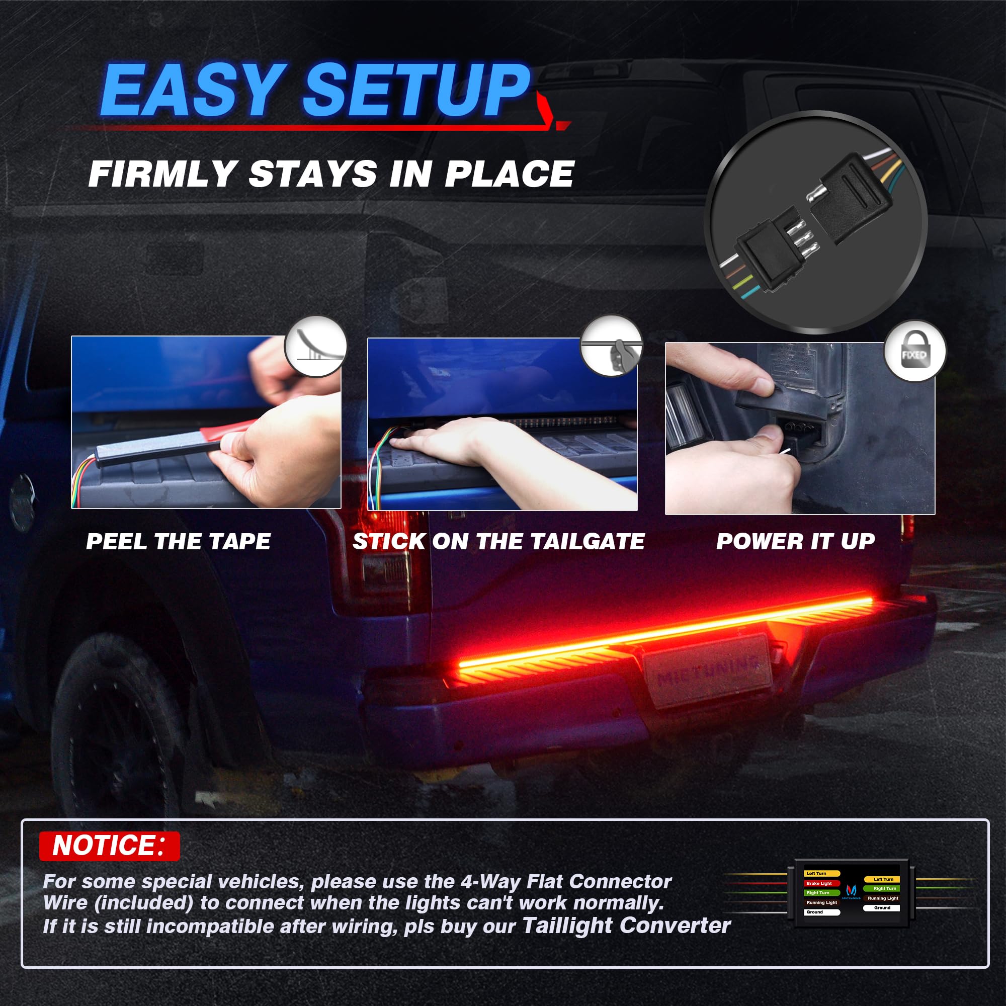 Mictuning 60 Inches Triple 504 Leds Tailgate Strip Light Waterproof With 4-Way Flat Connector - 5 Functions Solid Amber Turn Sig