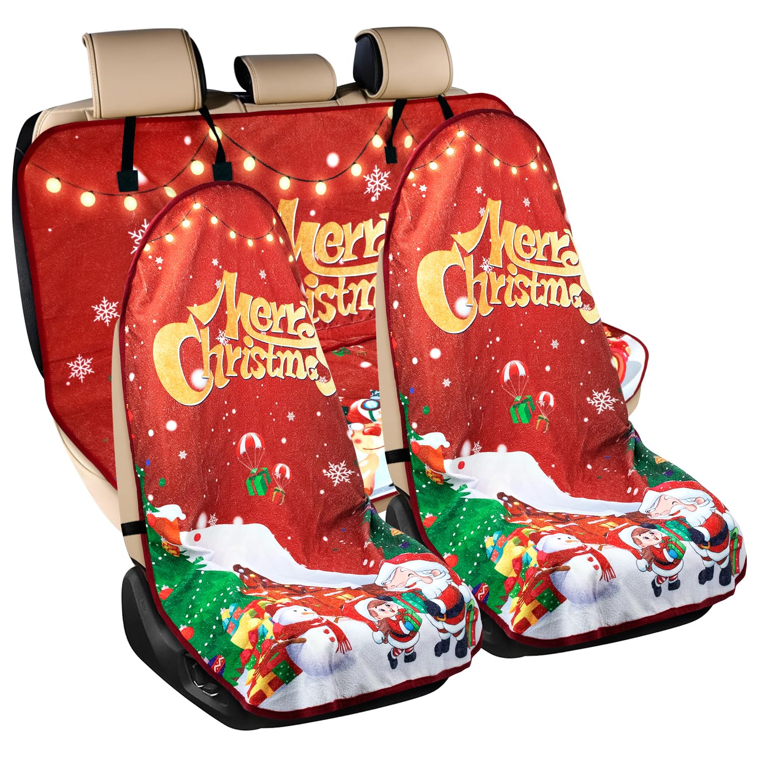 Deckaly Santa Claus Car Decoration Front Seat Covers, Towel Car Seat Protector For Outdoor, Camping, Snow, Workout, Running, Sea