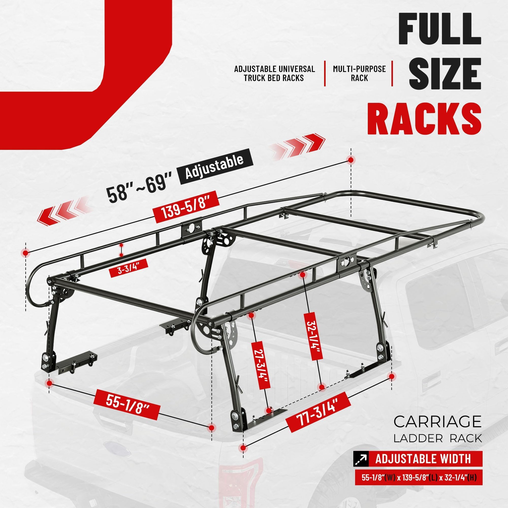 ECOTRIC 1000 LBS Adjustable 58''-69'' Universal Truck Bed Rack Contractor Ladder Pickup Lumber Utility Kayak Full Size Rack 60''