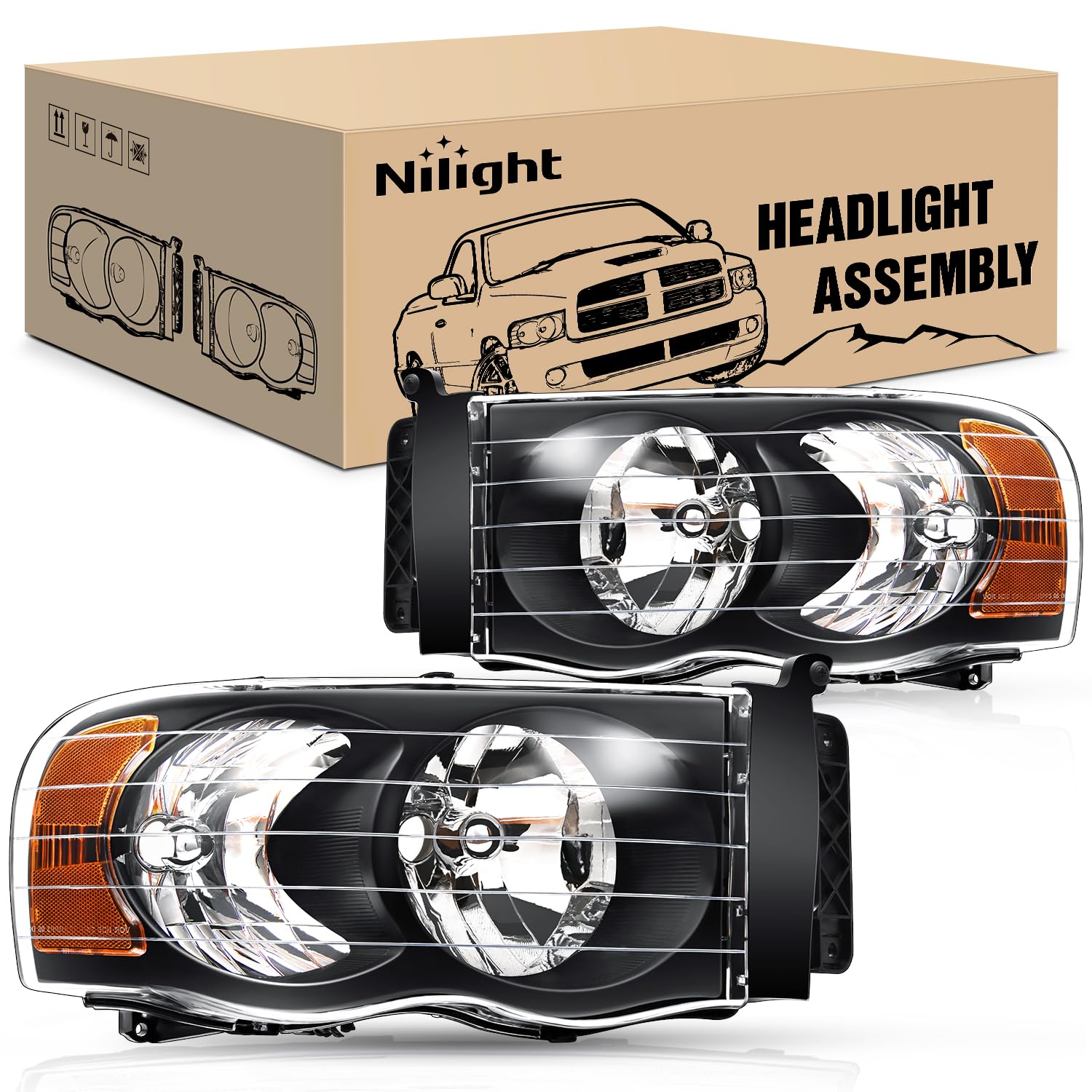 Nilight Headlights For 2002 2003 2004 2005 Ram 1500 2500 3500 Truck,Headlight Assembly Set Driver And Passenger,Headlamp Replace
