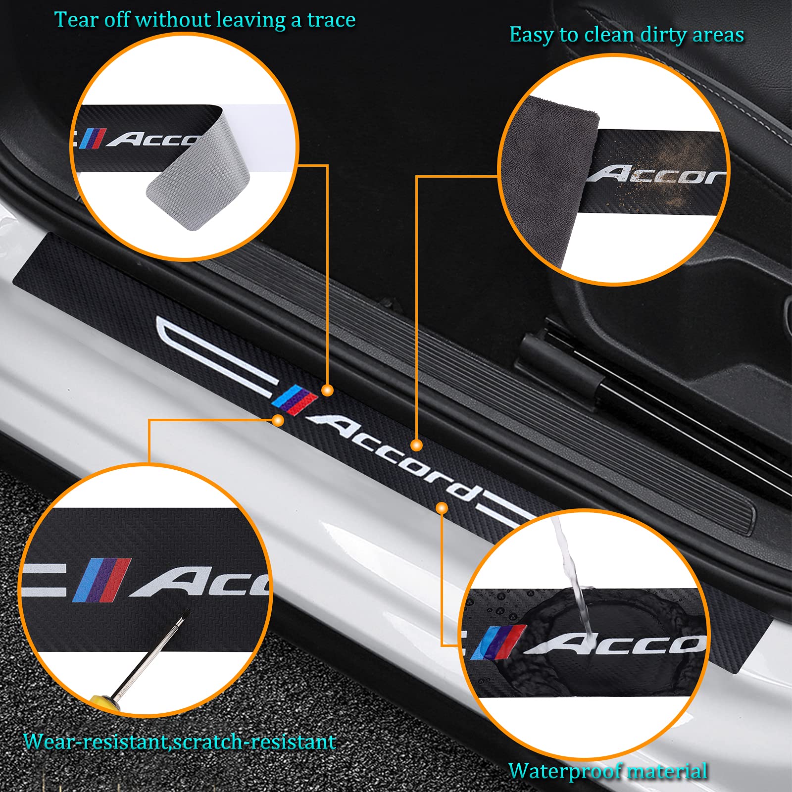 Cotree 4Pcs Carbon Fiber Textured Leather Car Door Sill Protector Compatible With Accord, Car Door Threshold Protector, Car Door