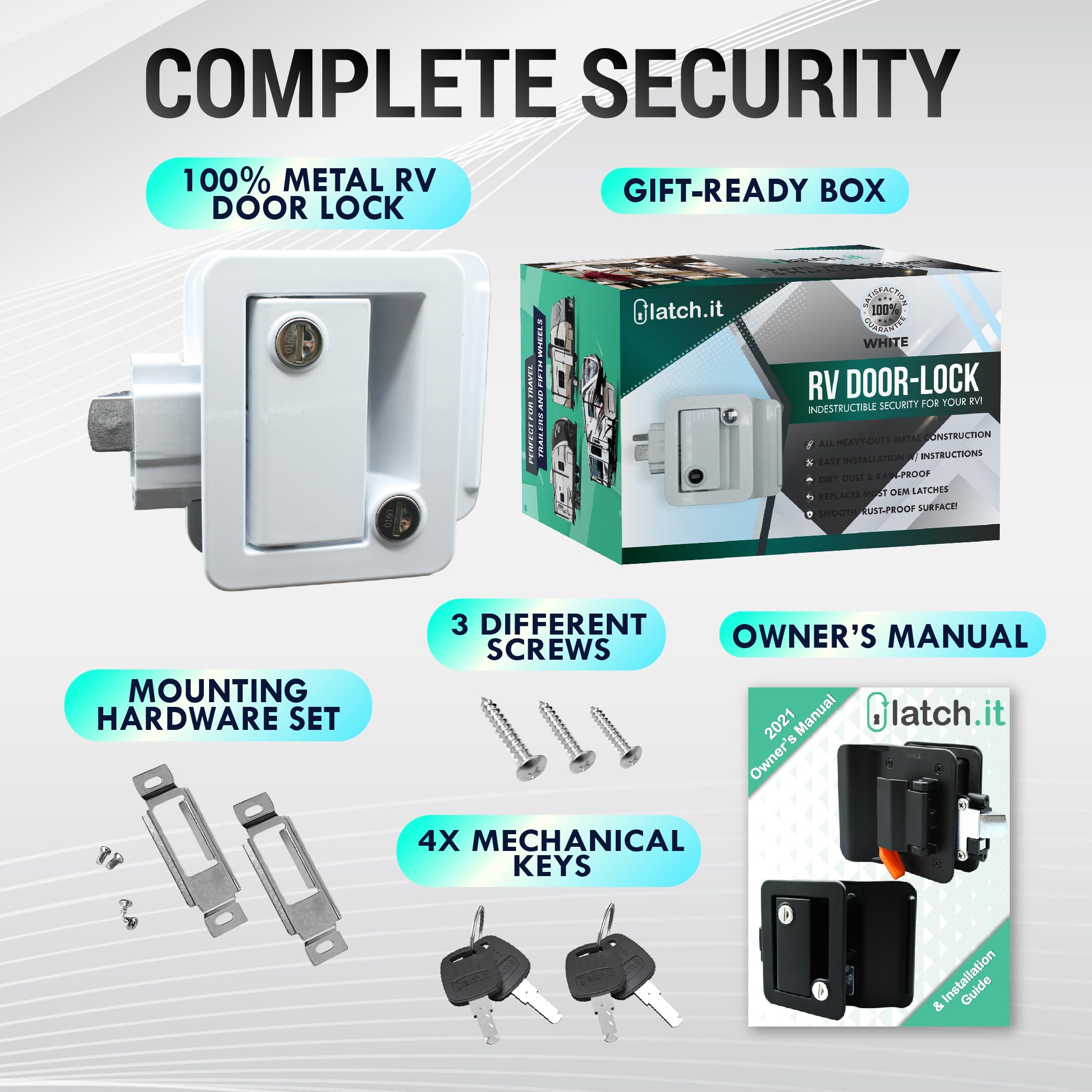 Latch.It White Rv Door Latch | 2 Keyed Alike Rv Door Locks For Travel Trailers | 100% Metal Camper Door Lock W/ 4 Keys | Easy-To