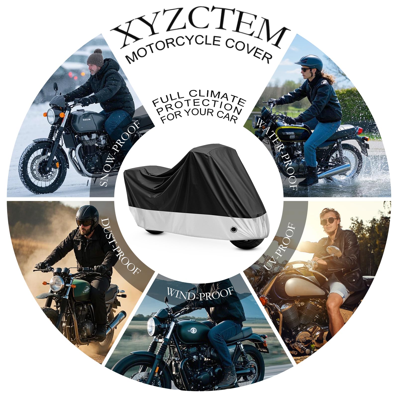 Xyzctem All Season Black Waterproof Sun Motorcycle Cover,Fits Up To 108 '' Motors