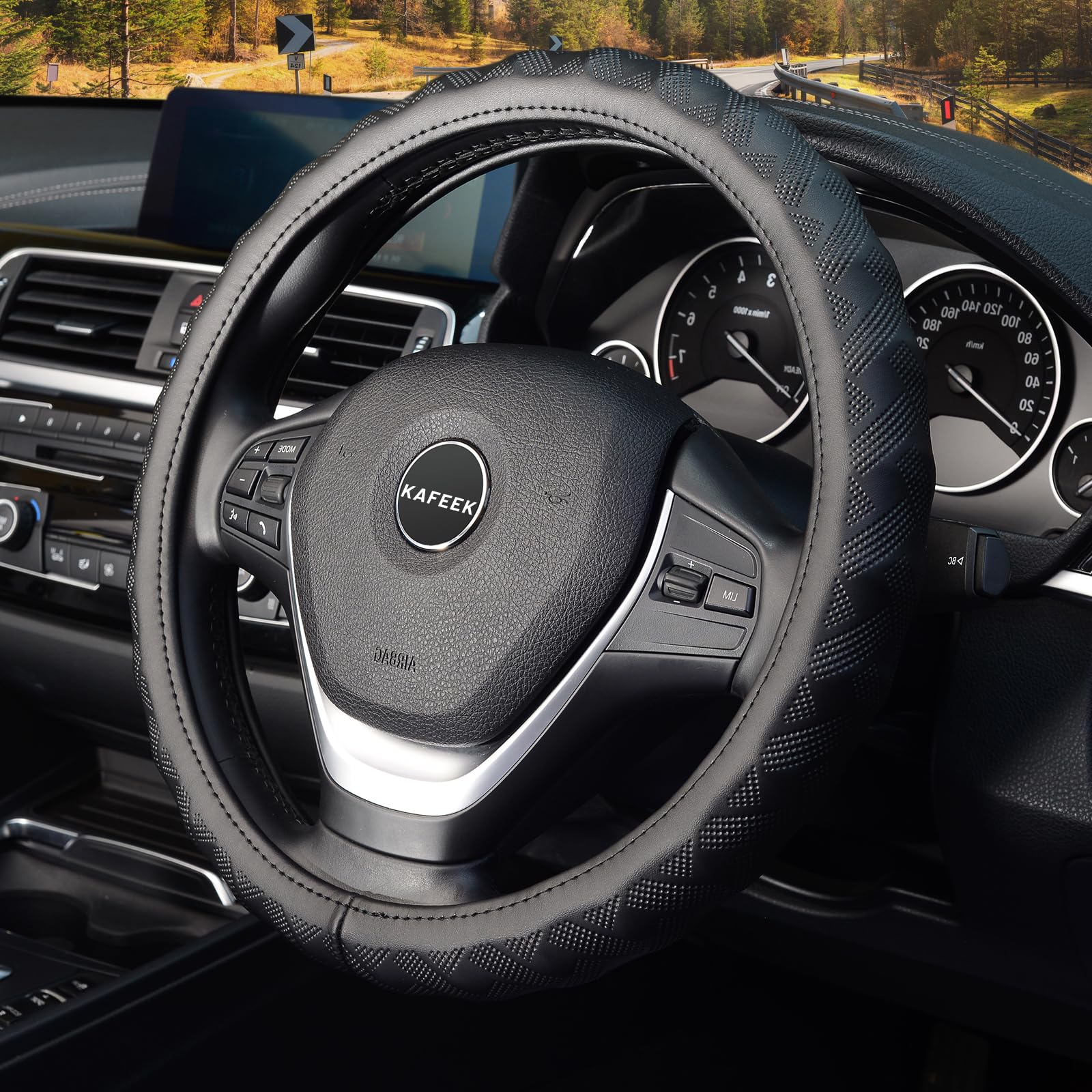 Kafeek Steering Wheel Cover, Universal 15 Inch, Microfiber Leather, Bamboo Weave Style,Breathable Non-Slip,Black