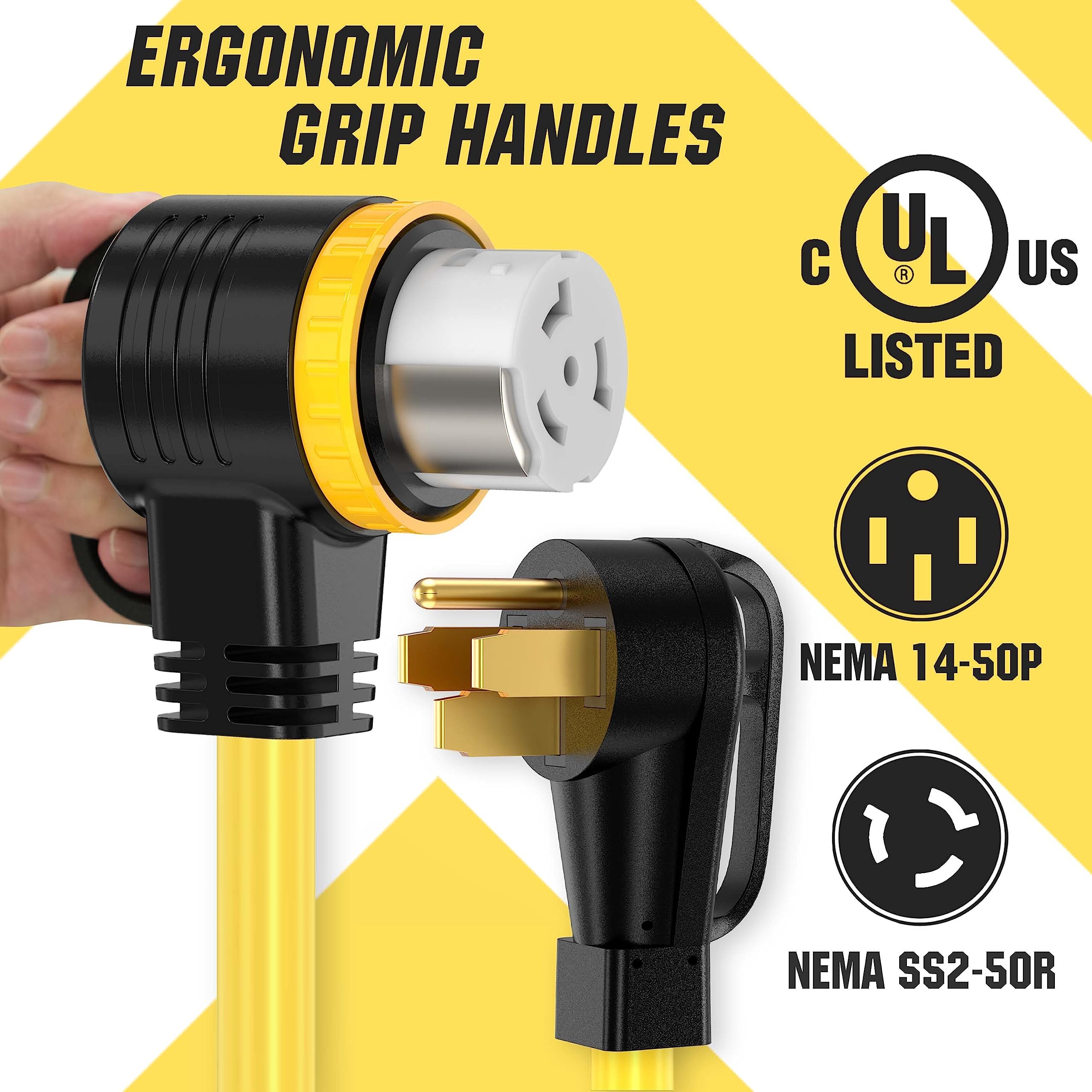 YOMILINK 20 Feet 50 Amp RV/Generator Cord, UL Listed, Locking Connector, NEMA 14-50P to SS2-50R Twist Locking, Newly Designed 90