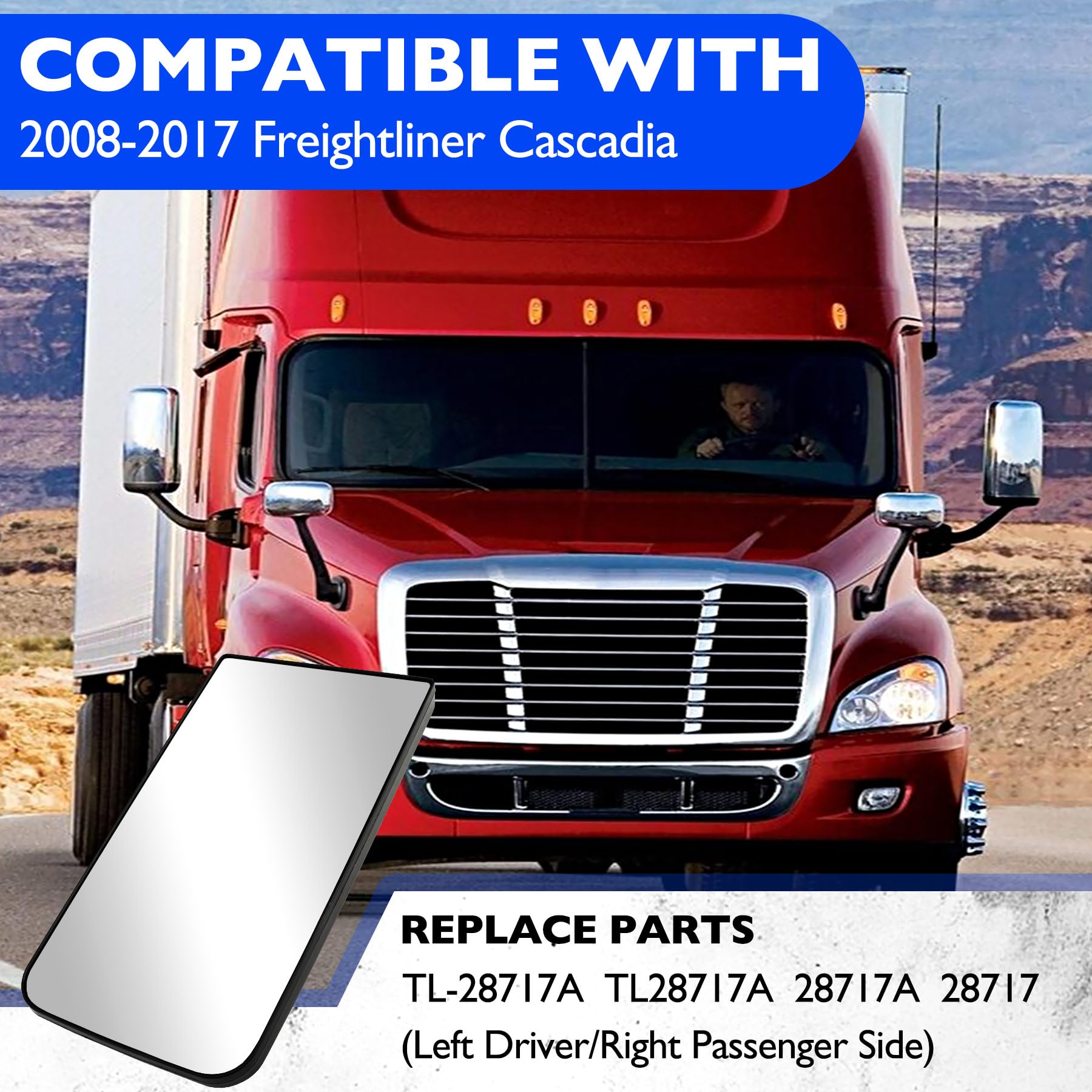 Heated Upper Flate Mirror Glass, Compatible with 2008-2017 Freightliner Cascadia, Replace TL-28716A Wide View Clear Vision High