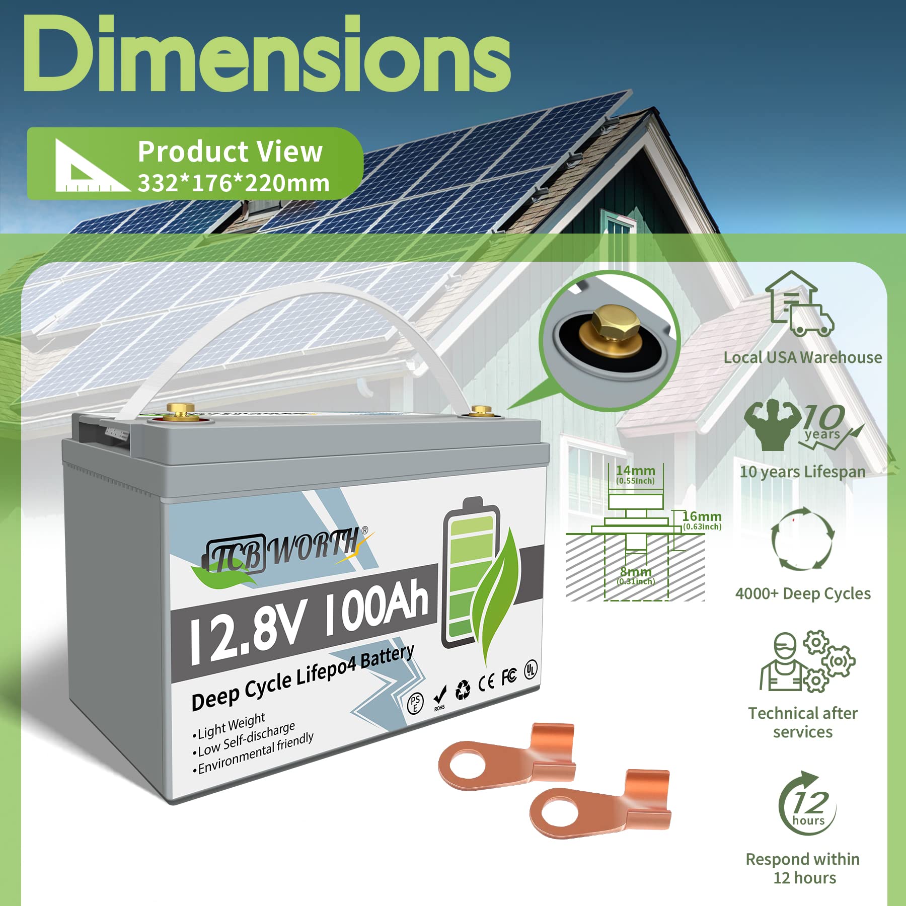 Lithium Battery 12V 100Ah Lifepo4 Batteries Bci Group 31, With 100A Bms, Deep Cycle Rechargeable Lithium Iron Phosphate Battery, For Solar, Marine, Trolling Motor, Motorhome