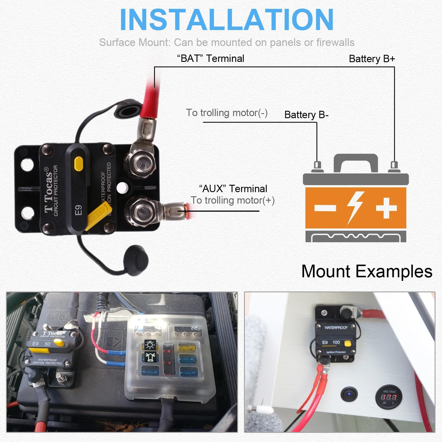 T Tocas Hi-Amp 150A Surface-Mount Circuit Breaker Double 3/8'' Stud With Manual Reset Switchable, 12V - 48V Dc, 150 Amp Ip67