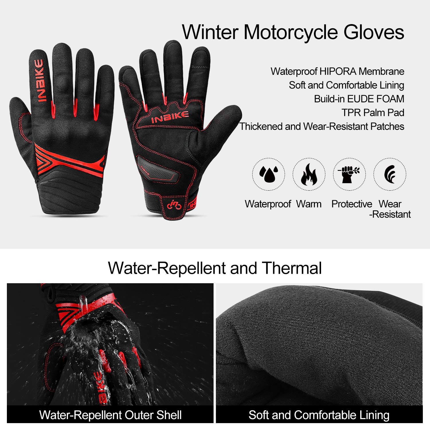 Inbike Waterproof Winter Motorcycle Gloves Thermal Fleece Touchscreen With Tpr Palm Pad Cushioning Hard Knuckle Black Medium