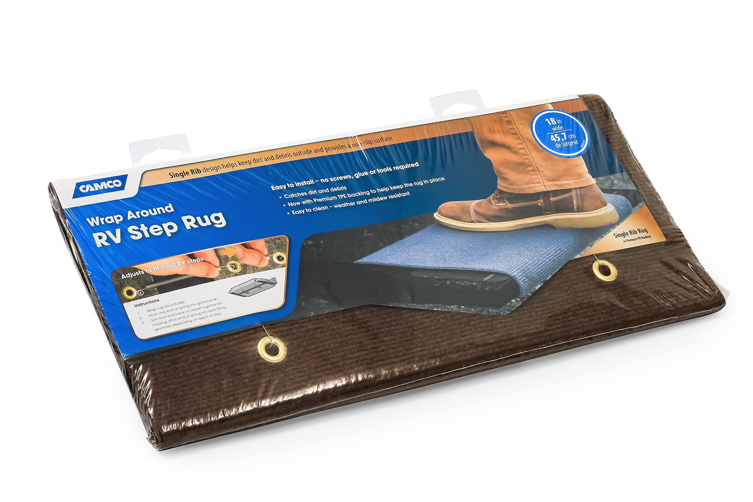 Camco Wrap Around Camper/Rv Step Rug | Features Premium Tpe Backing For More Grip On Rv Stairs | No Tool Installation | Measures