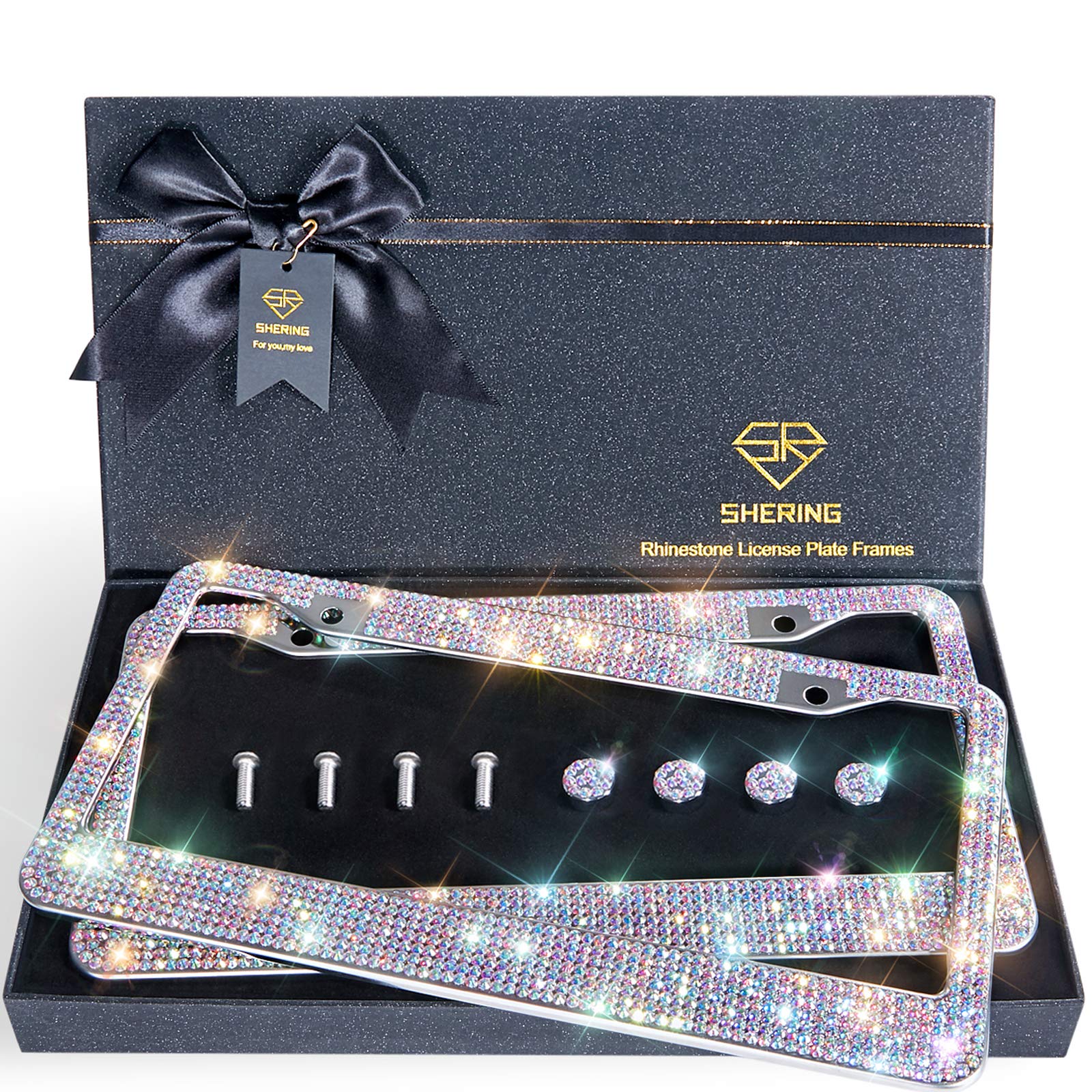 Shering Bling License Plate Frame, 2 Pack Frame With Premium Gift Box For Women,Rhinestone Frames 1200Pcs Rhinestones(Colorful R