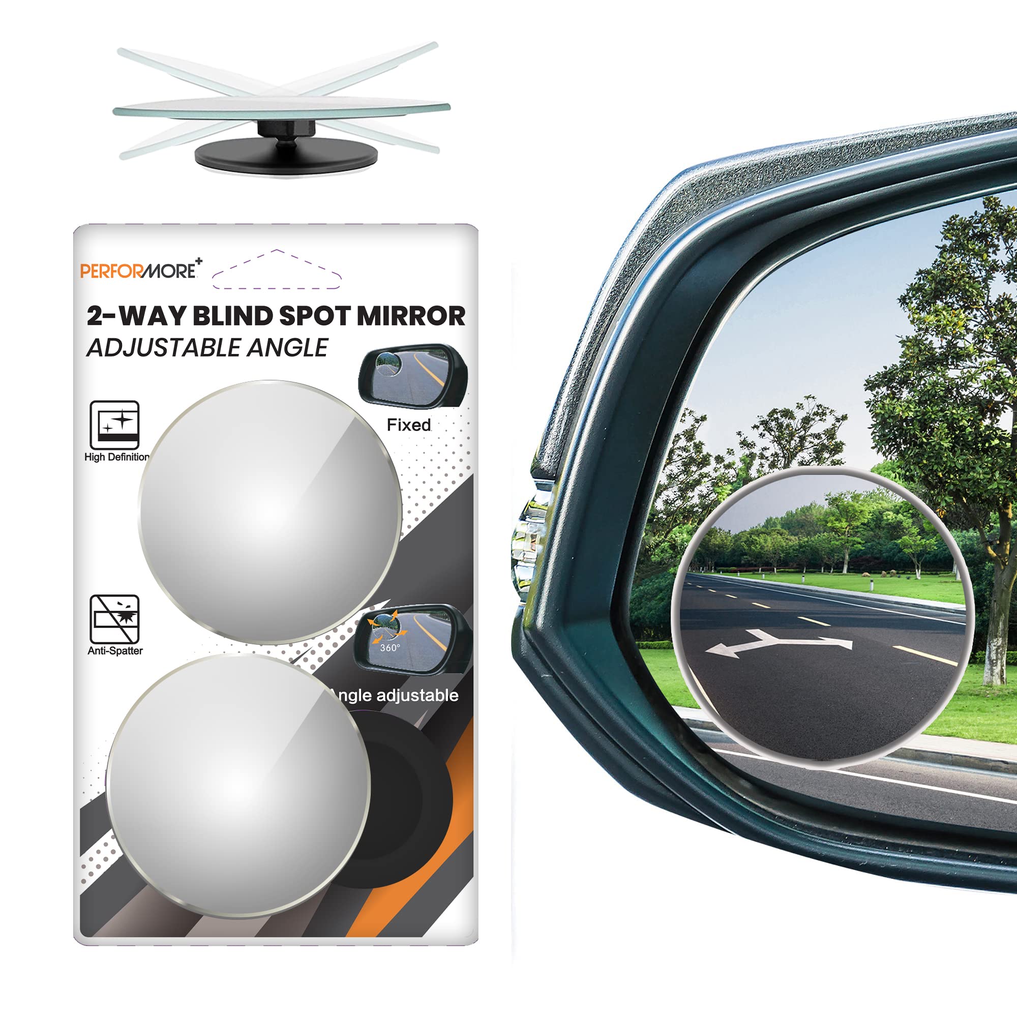 Performore 2 Pack of Blind Spot Car Mirrors, 2 Inch Round Adjustable HD Glass Convex Rear View Wide Angle Side Mirror Blindspot 