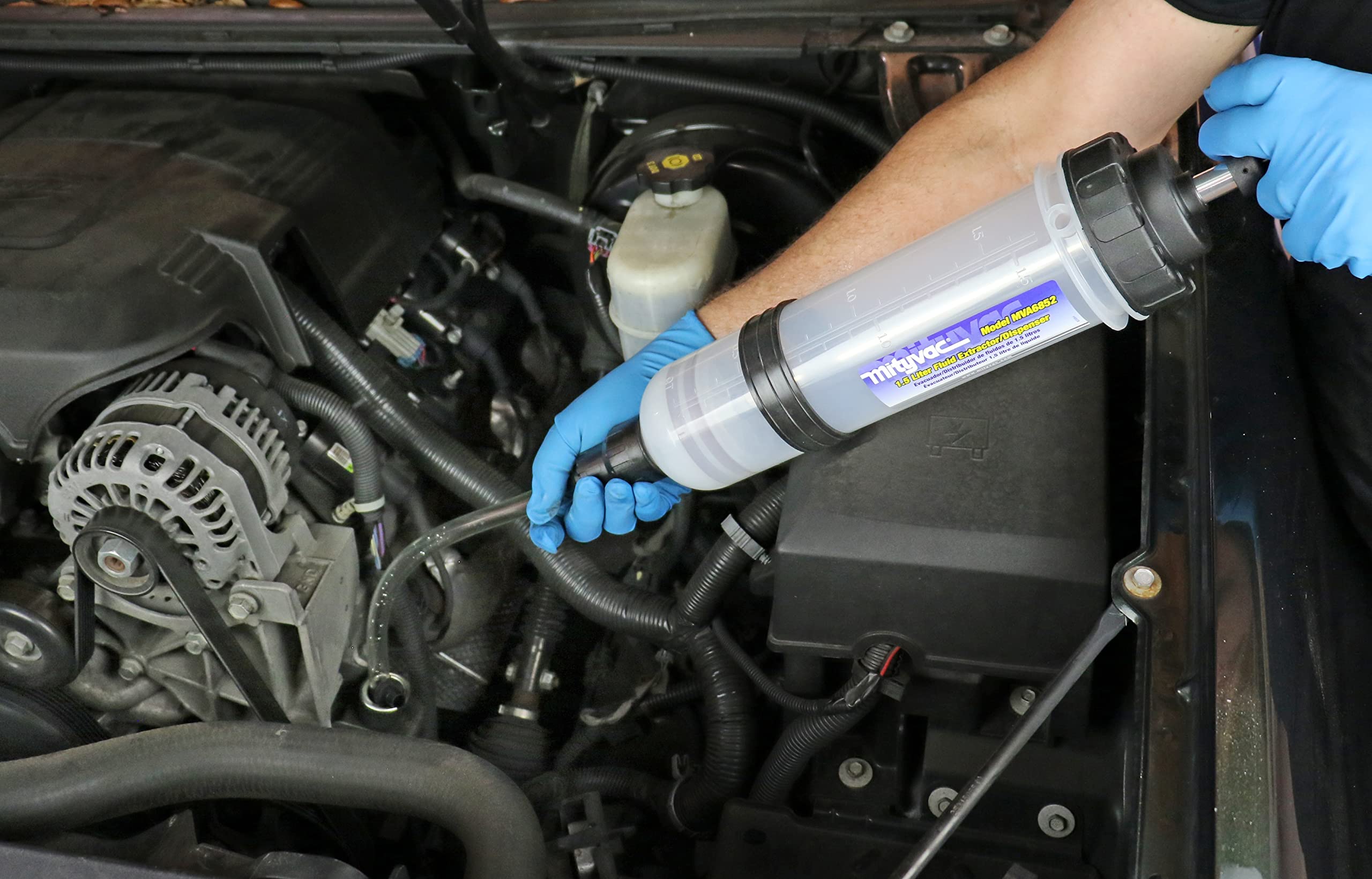 Mityvac MVA6852 1.5 Liter Fluid Evacuator Extractor and Dispensing Syringe, Twist-Valve, Dual-Seal Piston, MVA7218 Rubber ATF Adapter, for Master Cylinders, Transaxles, Power Steering and Coolant