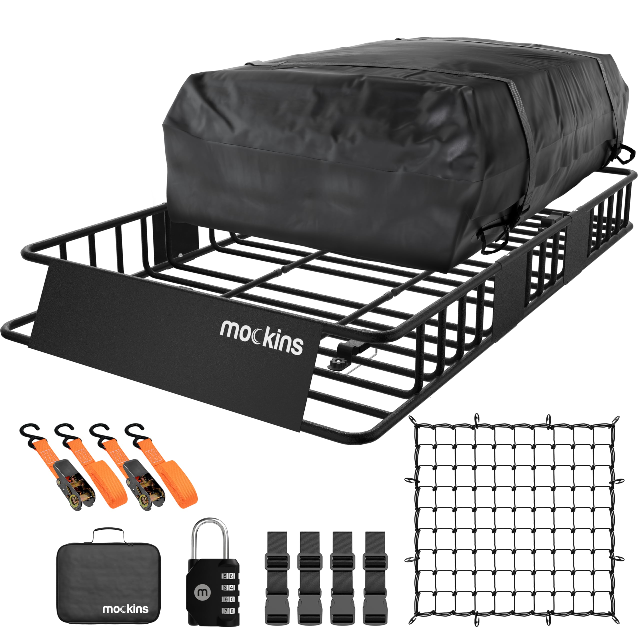 Mockins 64x39x6 Heavy Duty Roof Rack Basket w/ 16 Cu.Ft. Car Rooftop Cargo Carrier Bag | Weatherproof, Extendable 250Lbs. Roof B