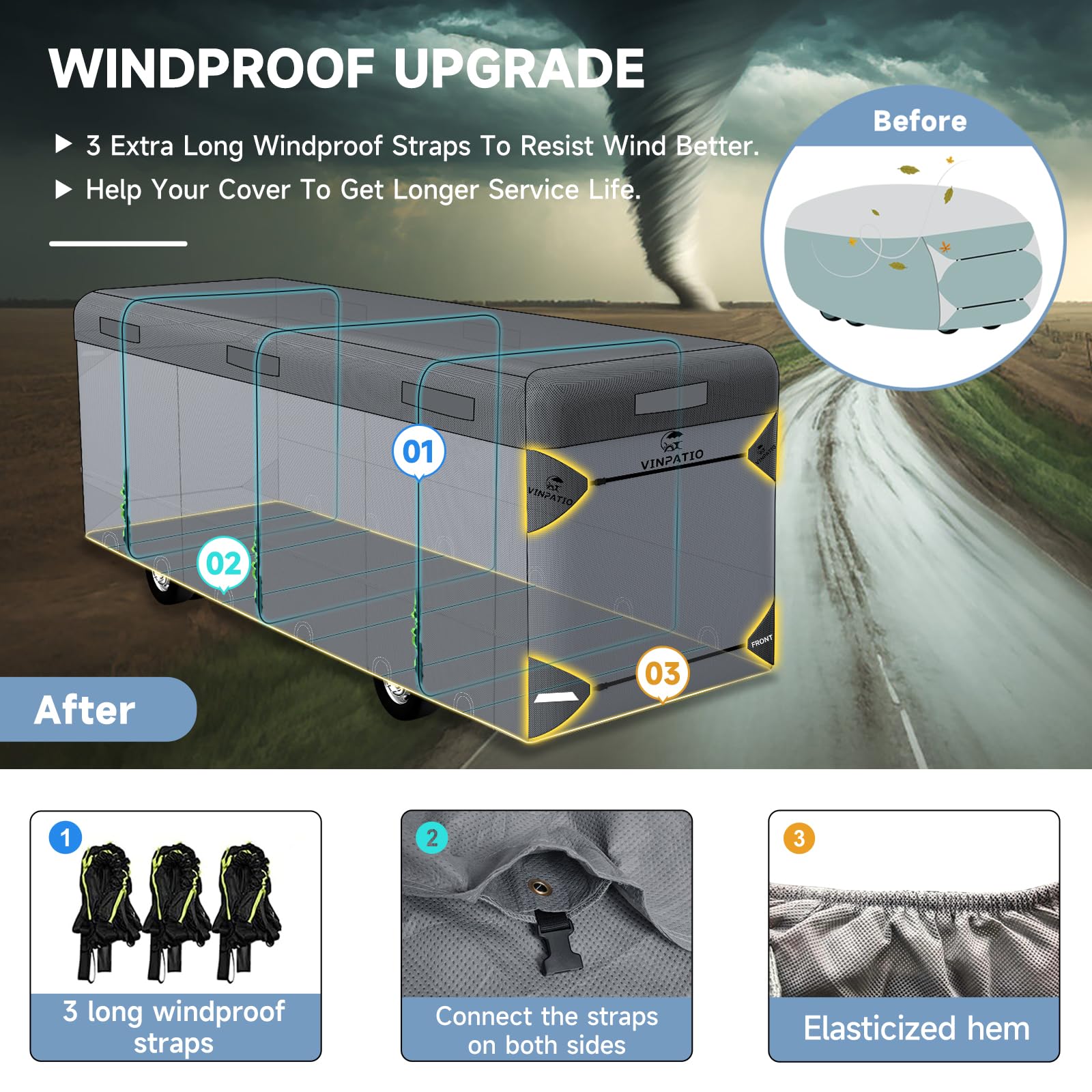 Vinpatio Class A Rv Cover Extra Thick 7 Layers Top, Fits 31'-34' Rv, Heavy Duty Windproof Waterproof Class A Motorhome Cover Wit