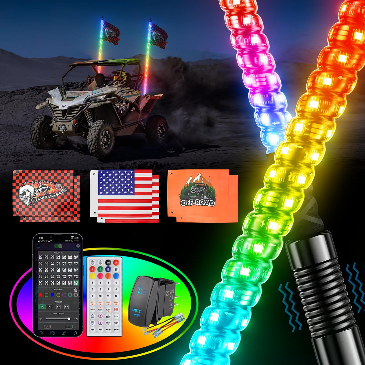 Ehaho 2PCS 2FT Whip Lights for UTV ATV with Spring Base, Tripled Brighter Led Whip Light W/Rocker Switch & 6 Flags, Spiral Chasi