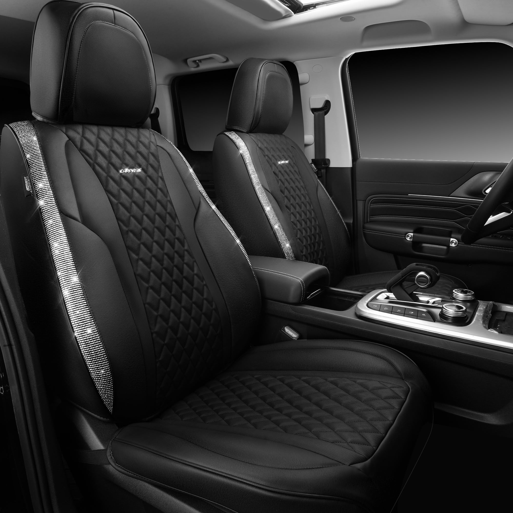 Car Pass Bling Leather Car Seat Covers & Black Nappa Leather Calfskin Seat Cushioned Protector, Waterproof Anti-Slip Universal F