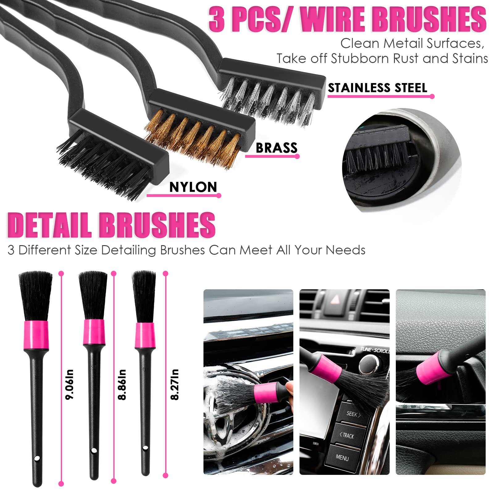Viewsun 20Pcs Car Detailing Kit, Pink Interior Kit With Drill Brush Set, Windshield Cleaning Tool, Detailing Brushes, Wire Brush