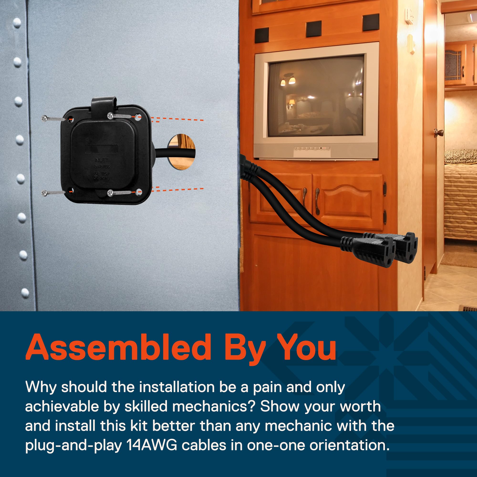 True Mods 15A Flanged Inlet Shore Power Supply Receptacle Plug With 2 16'' Extension Cord Cable For Rv Camper Boat Trailer [Nema