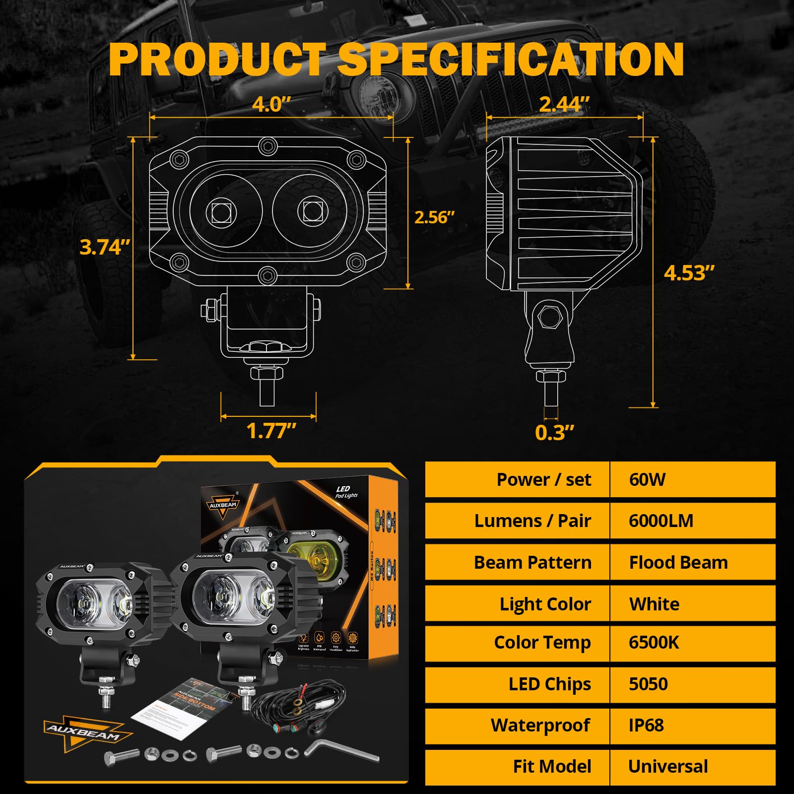 Auxbeam 4 Inch Led Light Pods, 60W Square Offroad Driving Light Super Bright 120 White Broad Flood Beam Pods Light With Off Road