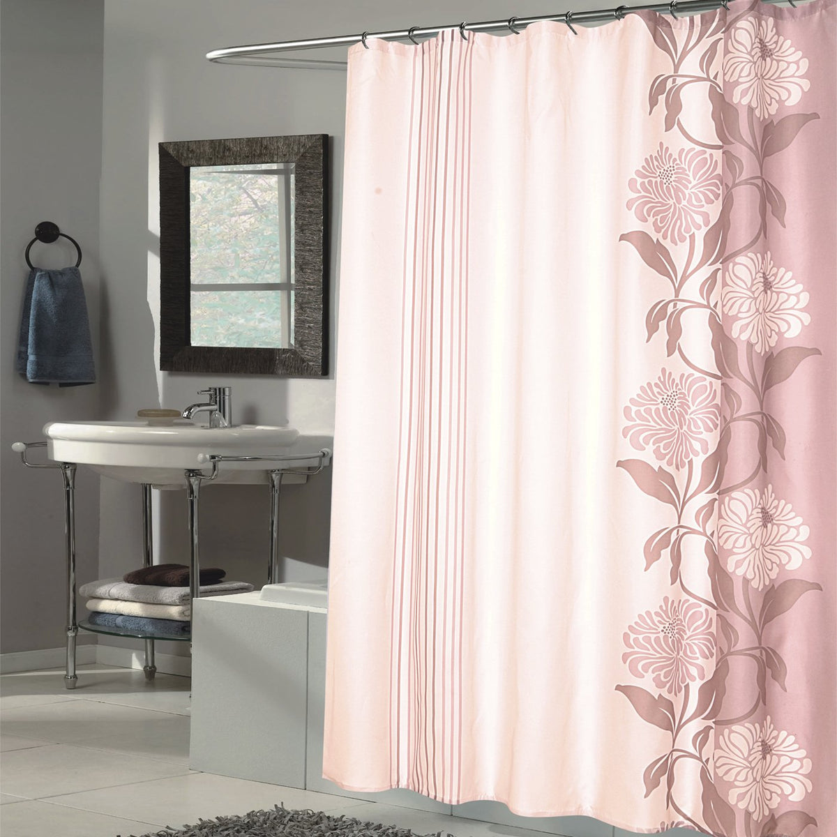 Sweet Home Collection Extra Long 84" X 70" Shower Curtain Durable Water Repellent Resistant Fabric Beautiful Flower Stripe Motif Pattern, 96" X 70", Brown/White
