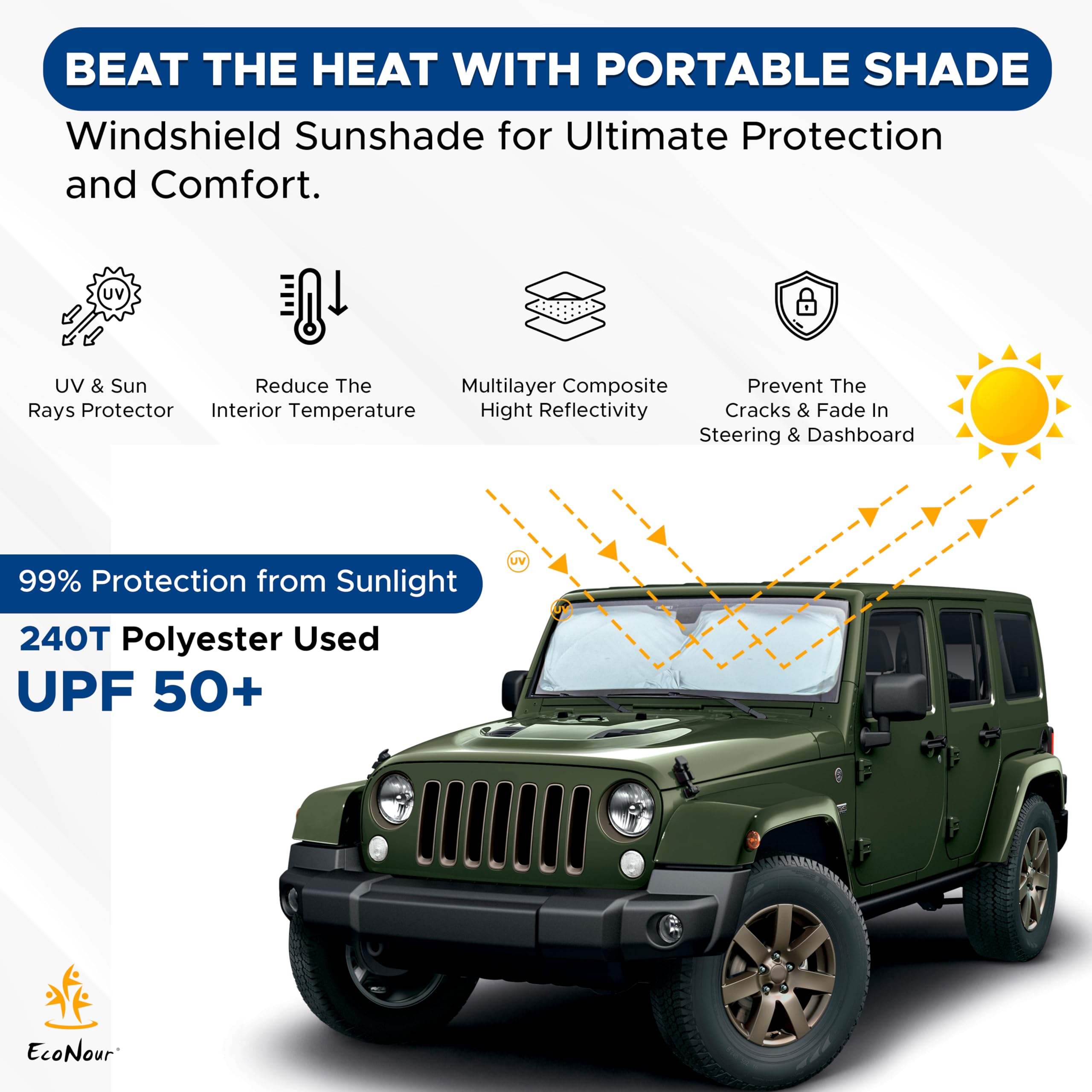 Econour Windshield Sun Shade With Mirror Cut | Foldable 240T Polyester Car Sun Shade For Heat, And Uv Rays | Windshield Sunshade