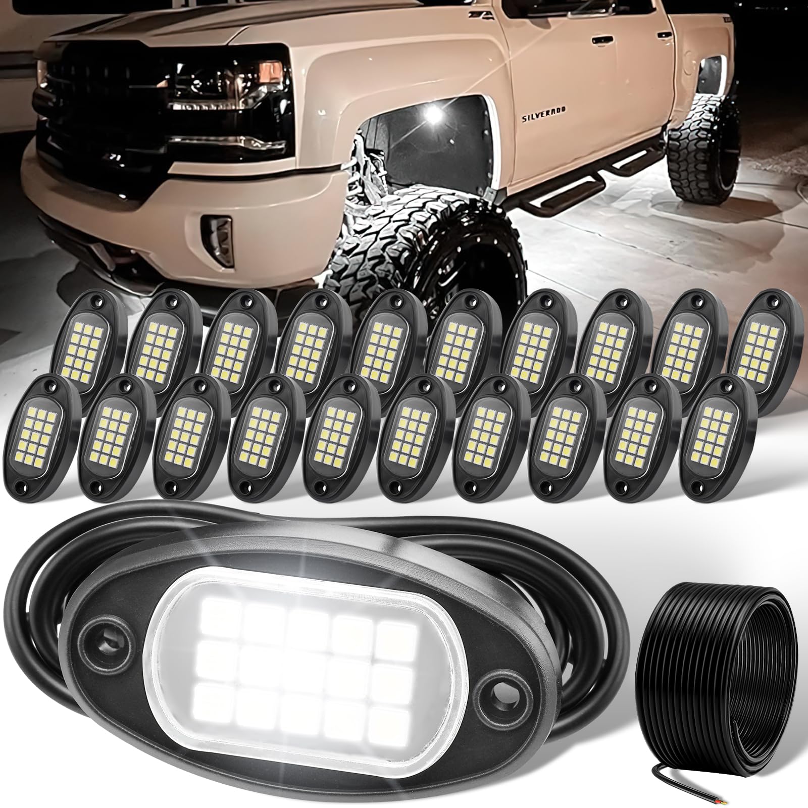 Yoneda Rock Lights For Trucks(20 Pods White With 13Yd Wire)