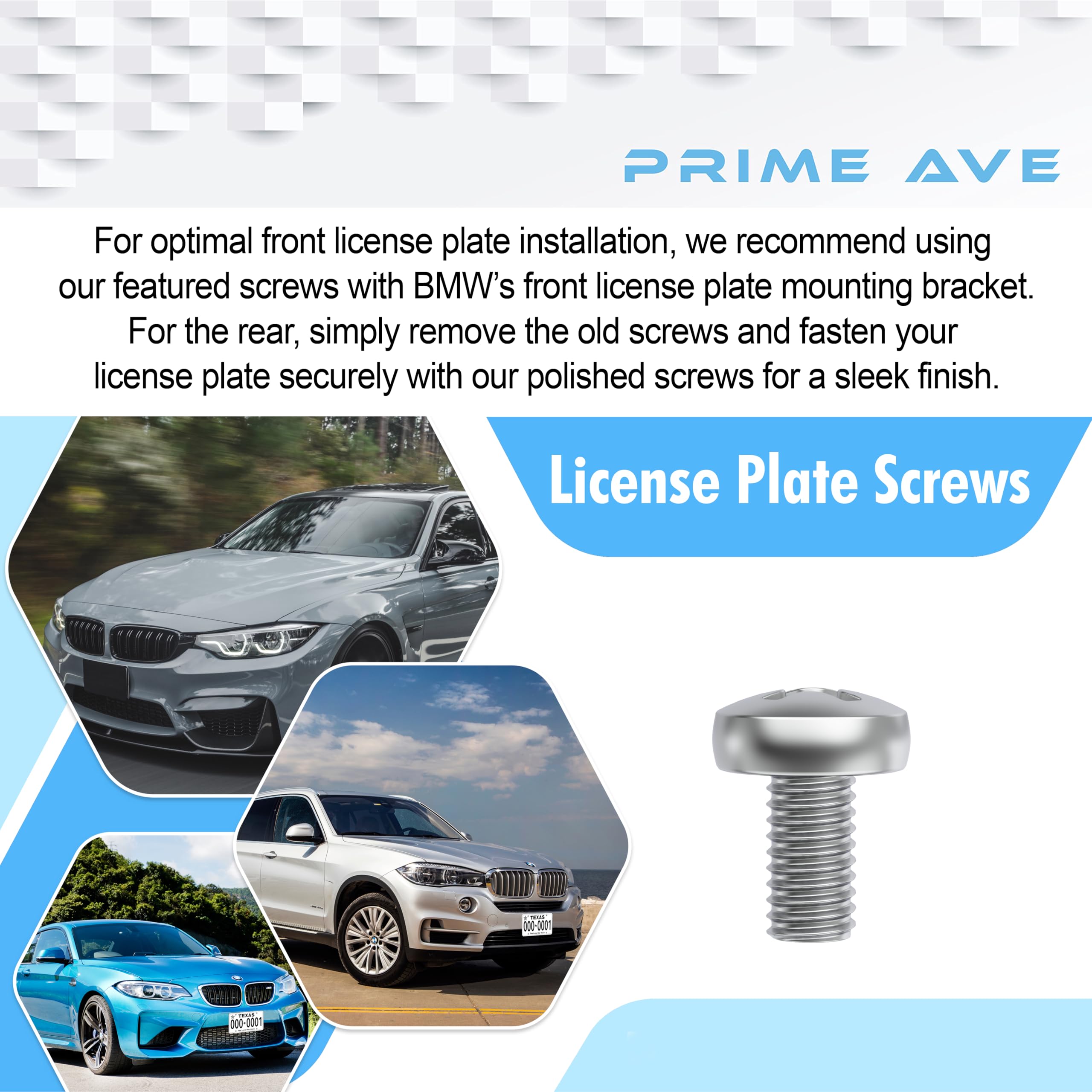 Prime Ave Stainless Steel License Plate Screws For License Plates, Frames, Covers - Front/Rear Rust Proof Car Tag Screws - Licence Plate Screw Set Compatible With Bmw (Pack Of 8)