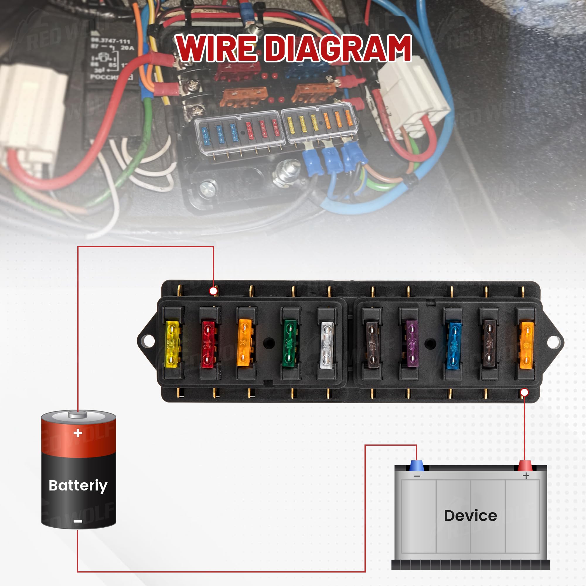 RED WOLF Car 10 Way Fuse Block Blade Fuse Box Standard Circuit Fuses Holder Fit Car Trailer Truck SUV Boat Marine Auto RV Power
