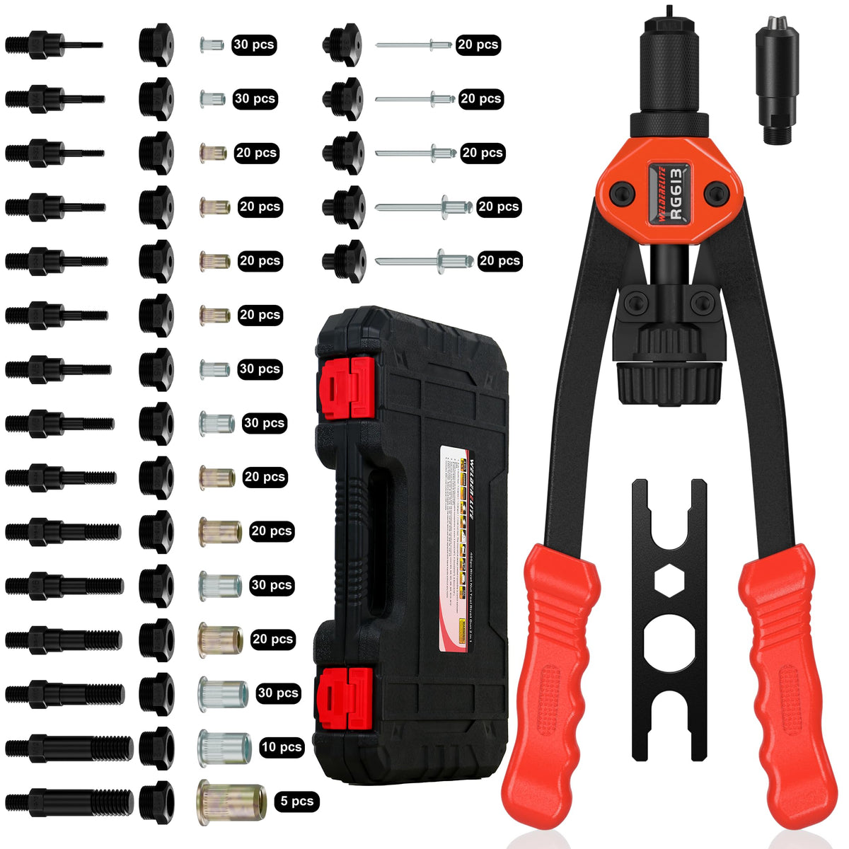 WelderElite Dual-Function Rivet Nut Tool Rivet Gun Kit Including 405 pcs Rivet Nuts Blind Rivets 15 Mandrels 5 Rivet Nozzles, Mu